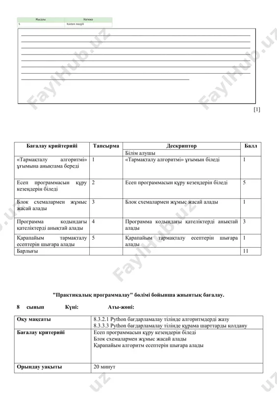 ________________________________________________________________________________________________________________________________________________________________________________________________________________________________________________________________________________________________________________________________________________________________________________________________________________________________________________________________________________________________________________________________________________________________________________________________________________________ [3] 4. берілген ай атауының нөмеріне қарап, сол айдың жылдың қай мезгіліне жататынын анықтайтын программа құр. нәтижені экранға шығар. ________________________________________________________________________________________________________________________________________________________________________________________________________________________________________________________________________________________________________________________________________________________________________________________________________________________________________________________________________________________________________________________________________________________________________________________________________________________________________________________________________________________________________________________ [1] бағалау крийтерийі тапсырма дескриптор балл білім алушы «тармақталу алгоритмі» ұғымына анықтама береді 1 «тармақталу алгоритмі» ұғымын біледі 1 есеп программасын құру кезеңдерін біледі 2 есеп программасын құру кезеңдерін біледі 5 блок схемалармен жұмыс жасай алады 3 блок схемалармен жұмыс жасай алады 1 программа кодындағы қателіктерді анықтай алады 4 программа кодындағы қателіктерді анықтай алады 3 қарапайым тармақталу есептерін шығара алады 5 қарапайым тармақталу есептерін шығара алады 1 барлығы 11 "практикалық программалау" бөлімі бойынша жиынтық бағалау.