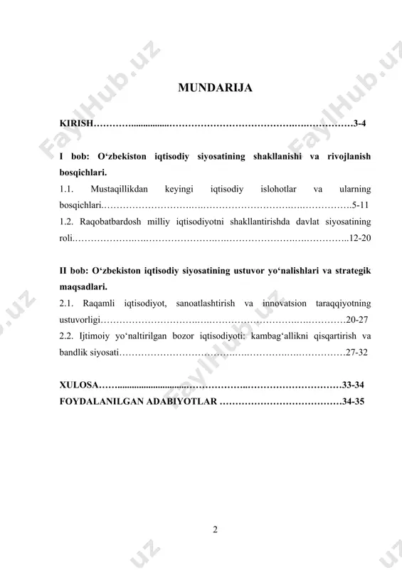 muhit yaratish, xalqaro iqtisodiy maydonda integratsiyalashuv jarayonlarini kuchaytirishga ham xizmat qilmoqda. ayniqsa, "yangi o‘zbekiston" taraqqiyot strategiyasi doirasida belgilangan iqtisodiy ustuvorliklar mazkur mavzuni o‘rganishni yanada muhimlashtiradi. kurs ishining dolzarbligi: mamlakatda olib borilayotgan iqtisodiy islohotlar chuqurlashib borayotgan hozirgi davrda, davlatning iqtisodiy siyosatidagi ustuvor yo‘nalishlarni tahlil qilish, ularning samaradorligini baholash va istiqboldagi muhim yo‘nalishlarini aniqlash ayni dolzarb masaladir. xususan, raqamli iqtisodiyot, kambag‘allikni qisqartirish, sanoatni modernizatsiya qilish, eksport salohiyatini oshirish kabi yo‘nalishlar o‘zbekiston taraqqiyotining asosiy ustunlaridan biri hisoblanadi. kurs ishining maqsadi — o‘zbekiston respublikasining iqtisodiy siyosatidagi ustuvor yo‘nalishlarni aniqlash, ularning mazmun-mohiyatini tahlil qilish hamda bu yo‘nalishlarning iqtisodiy taraqqiyotga ta’sirini o‘rganish. kurs ishining vazifalari 1. o‘zbekiston iqtisodiy siyosatining shakllanish bosqichlarini yoritish. 2. mustaqillikdan keyingi iqtisodiy islohotlarning asosiy yo‘nalishlarini aniqlash. 3. davlat iqtisodiy siyosatining ustuvor yo‘nalishlarini tahlil qilish. 4. raqamli iqtisodiyot va ijtimoiy yo‘naltirilgan siyosatning o‘rnini ko‘rsatish. kurs ishining obyekti: o‘zbekiston respublikasi iqtisodiy siyosati va uning asosiy yo‘nalishlari. kurs ishining predmeti: o‘zbekiston iqtisodiy siyosatining ustuvor yo‘nalishlari, …