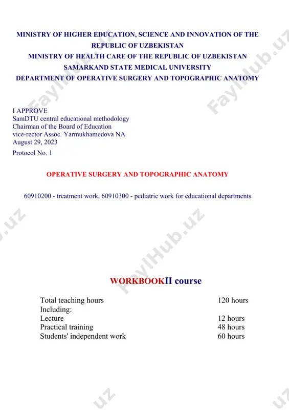 ahmed-assistant of the department of clinical anatomy of sam dtu: (signature) reviewers: zb kurbaniozov - associate professor of the department of faculty and hospital surgery of samdtu, tfd fm hamidova - head of the department of pathanatomy of samdtu, assistant professor, tel science workbook of the scientific council of the faculty of medical prophylaxis, public health and medical biology 2024 «5» was approved by decision no.1 of september. chairman of the scientific council: ________________ be tukhtarov 2024 "_" ___________ ( signature ) head of the department: ________________ usanov s.s. 2024 "_" ____________ (signature) table of contents 1. introduction. purpose and tasks of the oxta module. classification, use, rules of application of surgical instruments. …………………………………………………….. 5 2. shoulder girdle regio. shoulder ……………………………………………………......7 3. topography and operations of the forearm. topographic anatomy of the wrist regio.…………………………………………………………………………...9 4. topographic anatomy of the foot. ………………….. ……… … .. 11 5. clinical anatomy of the …
