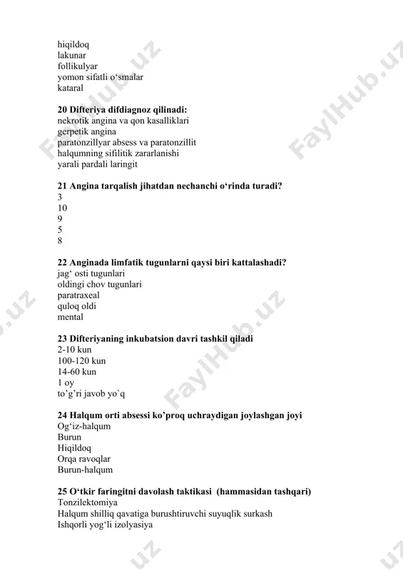 nasi o‘tkir laringit 37 insonni qaysi yoshida angina ko‘proq uchraydi? 5-40 yoshida 5 yoshida 40 yoshdan keyin 60 yoshdan keyin hamma yoshda 38 til murtagi o‘tkir yallig‘lanishi uchun tegishli emas: kokosmiya yutunganda og‘riq bo‘yin limfa tugunlari kattalashishi til murtaklari infiltratsiyasi inspirator bo‘g‘ilish 39 yumshoq tanglay paralichiga xos simptomlar: b, c yopiq manqaliq ochiq manqalik yutish qiyinligi burun-halqumga ovqat tushishi 40 anginada mikrob florasi: streptokokk gonokokk virus adenovirus to‘g‘ri javob yo‘q 41 agranulotsitar anginalarni keltirib chiqarishga qodir bo‘lgan kimyoviy moddalar: benzol ddt simob qurgoshin mishyak oltin 42 halqum bo‘shligida leffler tayokchasi tashuvchilarini davolashda qanday dori vositalari qo‘llaniladi: sulfanilamid preparatlar penitsillin burun bushligi shillik kavatini anemizirlovchi vositalar bilan artish burun bushligi shillik kavatini oblepixa moyi bilan artish aminokislotalar togri javob yoq 43 lakunar anginaga xos emas: halqum orka devorining giperemiyasi shishi baland tana xarorati tanglay murtaklarining giperemiyasi va shishi barcha javob tog`ri ko`ngil aynish 44 burun halqum va til murtaklarini yallig‘lanishi qanday …