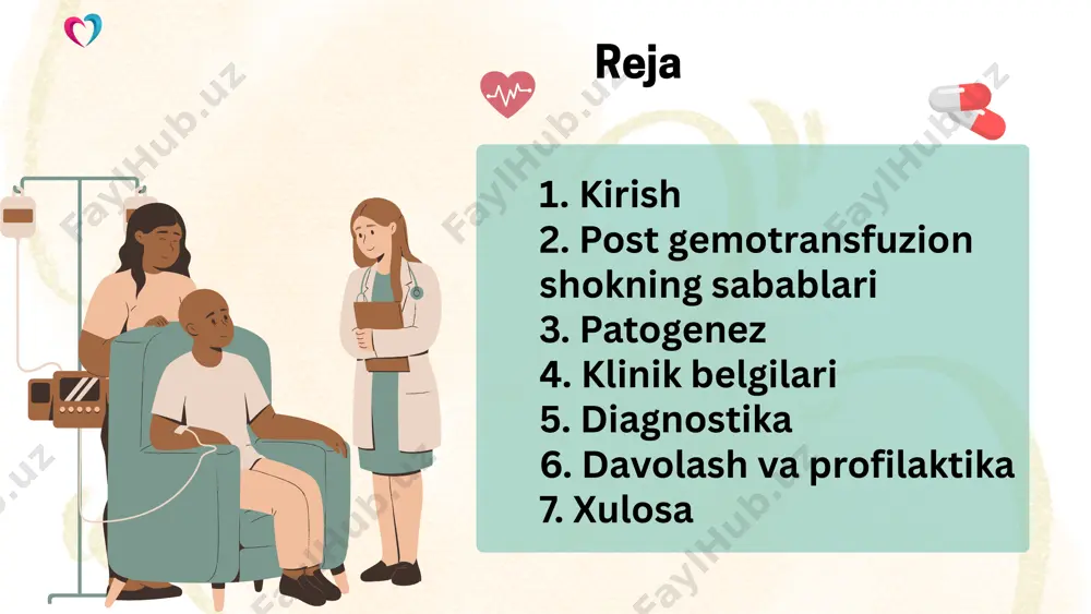 kirgach, immun tizimi ularni tanimaydi va ularga qarshi antikorlar ishlab chiqaradi. bu antikorlar eritrotsitlarni parchalab, gemolizga olib keladi. gemoglobin ajralib, buyraklarga zarar yetkazadi, yurak-qon tomir faoliyati izdan chiqadi. natijada, organizmda kislorod yetishmovchiligi, toksik ta’sirlar va ko‘p tizimli buzilishlar rivojlanadi. fauget hospital www.reallygreatsite.com 4. klinik belgilari post gemotransfuzion shok quyidagi klinik belgilar bilan namoyon bo‘ladi: - tana haroratining keskin ko‘tarilishi yoki pasayishi - yurak urishining tezlashuvi (taxikardiya) - qon bosimining pasayishi (gipotoniya) - nafas olishning buzilishi, hansirash - terining oqarib ketishi yoki ko‘karishi - og‘riq: belda, ko‘krakda yoki boshda - tashvish, titroq, hushdan ketish holatlari bu belgilar shok holatining og‘irligini ko‘rsatadi va zudlik bilan tibbiy yordam talab qiladi. 5. diagnostika post gemotransfuzion shokni aniqlashda quyidagi usullar qo‘llaniladi: - klinik kuzatuv — qon quyilgandan keyin bemorda shok belgilari paydo bo‘lishi. - laborator tahlillar — gemoglobin, bilirubin, ldh darajasi oshishi; gemoliz belgilarini aniqlash. - immunologik testlar — antikorlar mavjudligini aniqlash. - differensial diagnostika …