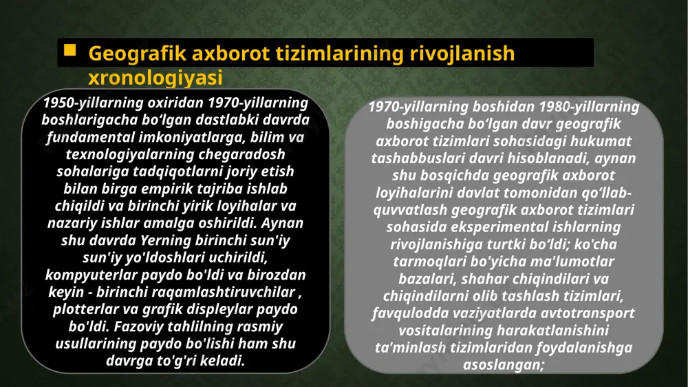molguzar togʻlarining sharqiy qismidagi togʻoldi va togʻli tegrasida qadimiy koʻchmanchi chorvadorlarga tegishli arxeologik yodgorliklarni maksimal darajada hisobga olish uchun: sun’iy yoʻldoshlarda olingan kosmik suratlar masofadan ilgʻash (rs86) texnologiyasi koʻmagida; yuqori tiniqlikdagi topografik xaritalar ushbu modelning mezonlariga koʻra, molguzar tizmasida quyidagi mezonlarga javob beradigan ekologik burchaklar (“nishalar”) aniqlangan: – masofadan ilgʻash (remote sensing) texnologiyasining “ndvi” funksiyasi yordamida aniqlangan oʻsimlik qoplami, shuningdek, oʻtloqlarga boyligi; – gidrologik tahlil yordamida aniqlangan yer usti suvlari bilan ta’minlanganligi; – orografik tahlil yordamida sovuq yellardan tabiiy holda qoʻriqlanganligi; – geografik tomonlar nisbatidan kelib chiqib, quyoshga tik qaraganligi va quyosh radiatsiyasini koʻp olganligi; – geomorfologik tahlili yordamida qiyaligi 45 0 dan quyida boʻlganligi; – eni 25 metrdan keng ochiq terrasa (tekis yalanglik) va yassi plato shakliga egaligi. hozirgi vaqtda yurtimizning turli hududlarida milliy va qoʻshma arxeologik ekspeditsiyalar tomonidan gis texnologiyalari asosida arxeologik yodgorliklarni roʻyxatga olish ishlari jadal ravishda amalga oshirilayotgan boʻlsada, ushbu tadqiqotlarni umumlashtirish va yagona milliy tizimni …