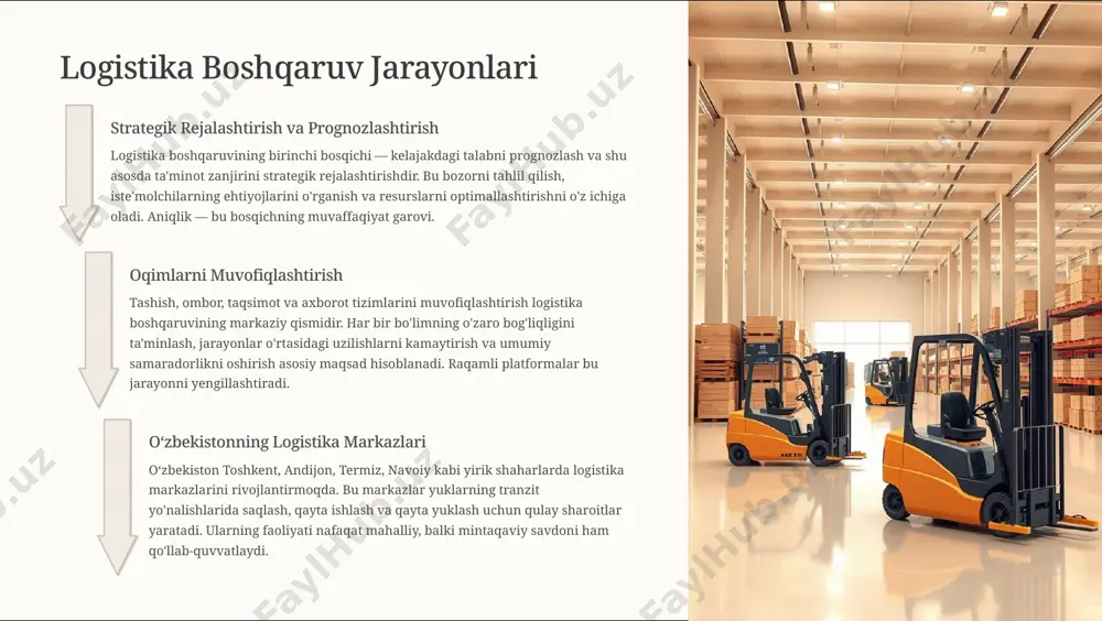 zanjiri boshqaruvi tovarlarni o8z vaqtida va kam xarajat bilan yetkazib berishni ta'minlaydi. bu inventarlarni boshqarish, yuk tashishni optimallashtirish, xarid qilish jarayonlarini soddalashtirish va yetkazib beruvchilar bilan samarali hamkorlikni o'z ichiga oladi. maqsad 4 butun zanjir bo'ylab uzluksiz va samarali harakatni ta'minlash. axborot tizimlari yordami axborot tizimlari yetkazib berish zanjirining samaradorligini oshirishda hal qiluvchi rol o'ynaydi. logistika dasturiy ta'minotlari (wms, tms, erp) inventarlarni kuzatish, marshrutlarni optimallashtirish va barcha hamkorlar o'rtasida ma'lumot almashishni avtomatlashtiradi. real vaqt rejimida ma'lumotlarga kirish qaror qabul qilish jarayonini tezlashtiradi va xatolar ehtimolini kamaytiradi. o8zbekiston misolida yechimlar o8zbekistonda zamonaviy transport- logistika yechimlari jadal joriy etilmoqda. masalan, "o'zbekiston temir yo'llari" aj tomonidan qo'llanilayotgan raqamli tizimlar, shuningdek, xususiy logistika kompaniyalarining innovatsion yechimlari bunga misol bo'ladi. ular bojxona jarayonlarini soddalashtirish va yuklarning harakatini optimallashtirishga qaratilgan. logistika strategiyalari va innovatsiyalar logistika sohasidagi doimiy innovatsiyalar bizneslarga raqobatdosh ustunlikni saqlab qolishga yordam beradi. marketing integratsiyasi logistika strategiyalari endilikda marketing funksiyalari bilan integratsiyalashgan holda ishlaydi. …
