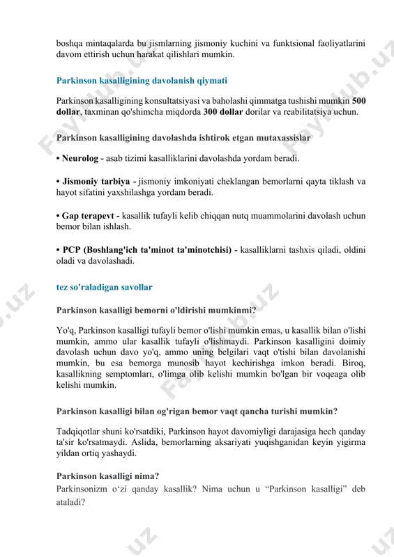 karaxtligi va muskullar qotishi bunga yo‘l qo‘ymasdi. agar parkinson ushbu kasallik bilan og‘rimaganida edi, balkim biz uning haqida hech narsani bilmagan bo‘lur edik. chunki u ko‘zga tashlanadigan olim emas, balki oddiy vrach bo‘lgan. “boshidan o‘tgan tabib” degan naqlni eshitsam, hayolimga parkinson keladi. parkinsonizm faqat kattalarda uchraydimi? – jeyms parkinson o‘zida bu kasallik belgilarini 50 yoshdan oshgandan so‘ng payqay boshlagan. keyin uning o‘zi yana 6 nafar bemorda xuddi shunday kasallik alomatlarini kuzatadi. ularning ham 50 yoshdan oshgan edi. kasallikning kattalarda uchrashi parkinson e’tiborini tortadi va u “ushbu kasallik 50 yoshdan oshganlarda uchraydi” deb yozadi. shu bilan birga o‘zida va o‘zi kuzatuvga olgan bemorlarda bir xil alomatlarga, ya’ni qo‘llarning titrashi, mushaklar qotishi, harakatlarning sustlashib borishi va qadam tashlashning sekinlashuviga e’tibor qaratadi. muskullar kuchi saqlanib qolgan bo‘lsa ham, titroqlar va muskullarning qotib qolishi sababli parkinson bu kasallikka “titroq falajlik” deb nom beradi. parkinson o‘limidan 50 yil o‘tgach, ya’ni 1874 yili mashxur fransuz nevrologi …