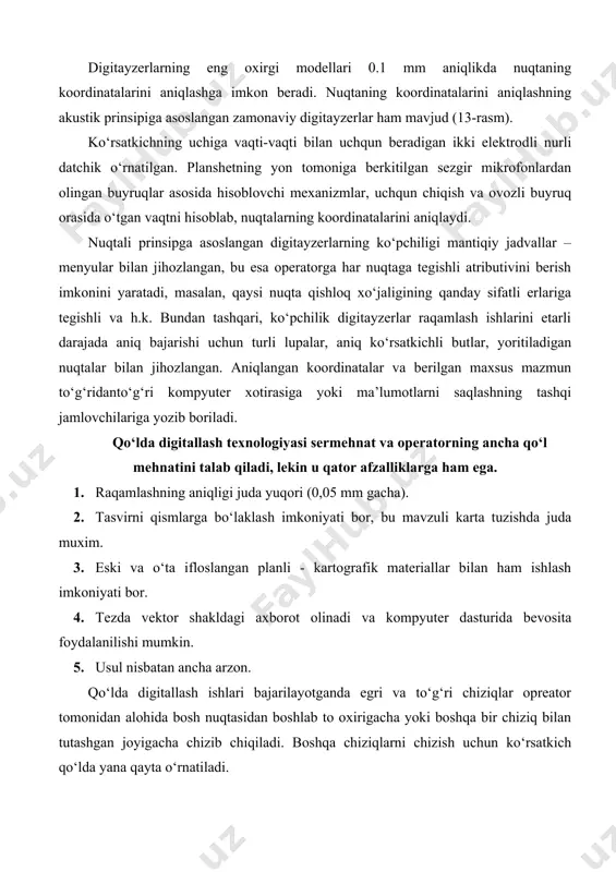 a nur beruvchi va qabul qilish moslamasi joylashtirilgan. qabul qilish moslamasi tasvirning har bir qatoridan qaytarilgan nurni kodlaydi. skanirlash tugagandan keyin tasvir kompyuter monitorida ifodalanadi, uni o‘zgartirish, nashr qilish va tashqi jamlovchi disklarda saqlash mumkin. 14-rasm. skanerlar 15-rasm. rolikli skanerlar skanerlarda tasvirning kerakli qismini skanirlash ham mumkin. rolikli skanerlarda tasvir roliklar yordamida qo‘zg‘almas nur tarqatuvchi skanirlash vositasiga uzatiladi va tasvir skanerga olinadi. planshetli va rolikli skanerlar ancha arzon va keng tarqalgan, ularni contex, vidar, scangraphics, hewlett packard, microtec va boshqa ko‘plab chet el korxonalari ishlab chiqarmoqda. tasvirni nashr qilish bloki. tasvirni ehm yordamida avtomatik uskunada nashr qilishga bag‘ishlangan dastlabki urinishlar oliy toifali, tez harakatlanuvchi alifbo–raqamli bosuvchi uskuna ehm bilan taminlangandan keyin amalga oshirildi. bunday uskuna harflarni literlar bilan oddiy yozuv mashinkasi kabi bosar edi, ammo bosma uskunada tasvirni olish uchun suratni kodlash, tasvirni to‘q joylariga qalinroq harflarni och joylarga ochroq harf yoki xizmatchi belgilarni tanlash kerak edi (16-rasm). 16-rasm. tasvirni …