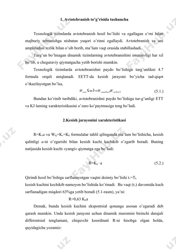 j larning xarakteristikasini o’zaro ko’paytmasiga teng bo’ladi. 2.kesish jarayonini xarakteristikasi r=kva va wkj=kv=kk formulalar tahlil qilinganda ma’lum bo’lishicha, kesish qalinligi a-ni o’zgarishi bilan kesish kuchi kechikib o’zgarib boradi. buning natijasida kesish kuchi «yangi» qiymatga ega bo’ladi: r=kk(a (5.2.) qirindi hosil bo’lishiga sarflanayotgan vaqtni doimiy bo’lishi t1=tk kesish kuchini kechikib namoyon bo’lishida ko’rinadi. bu vaqt (t1) davomida kuch sarflanadigan miqdori 63%ga yetib boradi (5.1-rasm), ya’ni: r=0,63 kka demak, bunda kesish kuchini ekspontsial qonunga asosan o’zgaradi deb qarash mumkin. unda kesish jarayoni uchun dinamik maromini birinchi darajali differentsial tenglamani, chiquvchi koordinati r-ni hisobga olgan holda, quyidagicha yozamiz: yoki kesish jarayoni uchun uzatish funktsiyasini aniqlaymiz: (5.3.) rasm. kesish jarayonini vaqtga bog’liq bo’lgan dinamik xarakteristikasi. kesish jarayonini afchx-ni qurish uchun uning xarakteristikasini chastota (p=iw) shaklda quyidagi qo’rinishida yozamiz: - (5.4.) agar w=0, kesish jarayonining statik xarakteristikasini olamiz (4.13). kesish jarayonini dinamik xarakteristikasini 5.4 formuladan foydalanib quramiz: rasm. kesish jarayoni uchun –afchx. agar: qirindi hosil …