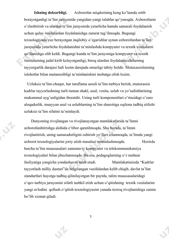 ularni amaliyotga joriy etish va foydalanish. tadqiqot predmeti. o’quv jarayonida zamonaviy texnik vositalarini qo’llash va undan foydalanish muammolari va istiqbollari. tadqiqot ishining asosiy maqsadi: · o’qitishning texnik vositalarini ta’limda qo’llash imkoniyatlarini aniqlash; · o’qitishning zamonaviy texnik vositalarining o’qitish jarayonida foydalanish aniqlashdan iborat . buning uchun quydagi vazifalarni amalga oshirish lozim: - o’qitishning texnik vositalarini o’qitish jarayoniga ko’maklashish samaradorligi bo’yicha ishlarni tahlil etish; -o’qitishning zamonaviy texnik vositalarining tuzilishi va imkoniyatlarini o’rganish; - o’qitishning zamonaviy texnik vositalarilaridan foydalanish bo’yicha ko’rsatmalar tayyorlash. ishning ilmiy yangiligi: o’qitishning zamonaviy texnik vositalarining o’qitish jarayoniga ko’maklashish samadorligini aniqlash va undan foydalanish bo’yicha ko’rsatmalar ishlab chiqish. ishning nazariy ahamiyati 1. o’qitish jarayoniga ko’maklashishga yo’naltirilgan o’qitishning zamonaviy texnik vositalaridan ta’limda foydalanish bo’yicha ko’rsatmalar va tamoyillari aniqlangan; 2. o’qitishning zamonaviy texnik vositalari yordamida o’quv jarayonini rivojlantirish istiqbollari tahlil qilingan va ularning ta’lim jarayonidagi o’rni aniqlangan. ishning amaliy ahamiyati 1. ishlab chiqilgan sinovdan o’tkazilgan ish natijasidan akademik litsey, kasb-hunar kollejlari, hamda …