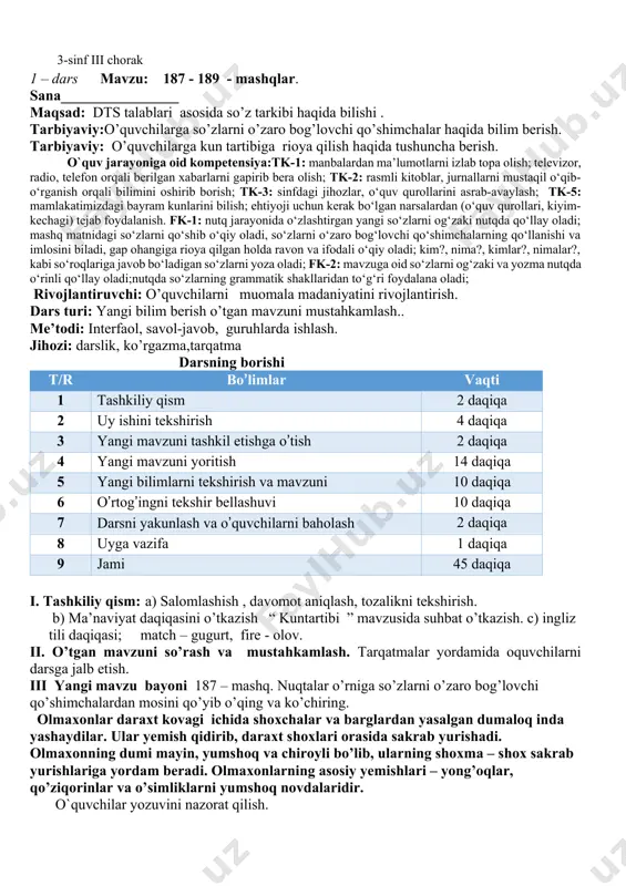 jlantirish. dars turi: yangi bilim berish o’tgan mavzuni mustahkamlash.. me’todi: interfaol, savol-javob, guruhlarda ishlash. jihozi: darslik, ko’rgazma,tarqatma darsning borishi t/r bo’limlar vaqti 1 tashkiliy qism 2 daqiqa 2 uy ishini tekshirish 4 daqiqa 3 yangi mavzuni tashkil etishga o’tish 2 daqiqa 4 yangi mavzuni yoritish 14 daqiqa 5 yangi bilimlarni tekshirish va mavzuni 10 daqiqa 6 o’rtog’ingni tekshir bellashuvi 10 daqiqa 7 darsni yakunlash va o’quvchilarni baholash 2 daqiqa 8 uyga vazifa 1 daqiqa 9 jami 45 daqiqa i. tashkiliy qism: a) salomlashish , davomot aniqlash, tozalikni tekshirish. b) ma’naviyat daqiqasini o’tkazish “ kuntartibi ” mavzusida suhbat o’tkazish. c) ingliz tili daqiqasi; match – gugurt, fire - olov. ii. o’tgan mavzuni so’rash va mustahkamlash. tarqatmalar yordamida oquvchilarni darsga jalb etish. iii yangi mavzu bayoni 187 – mashq. nuqtalar o’rniga so’zlarni o’zaro bog’lovchi qo’shimchalardan mosini qo’yib o’qing va ko’chiring. olmaxonlar daraxt kovagi ichida shoxchalar va barglardan yasalgan dumaloq inda yashaydilar. ular …
