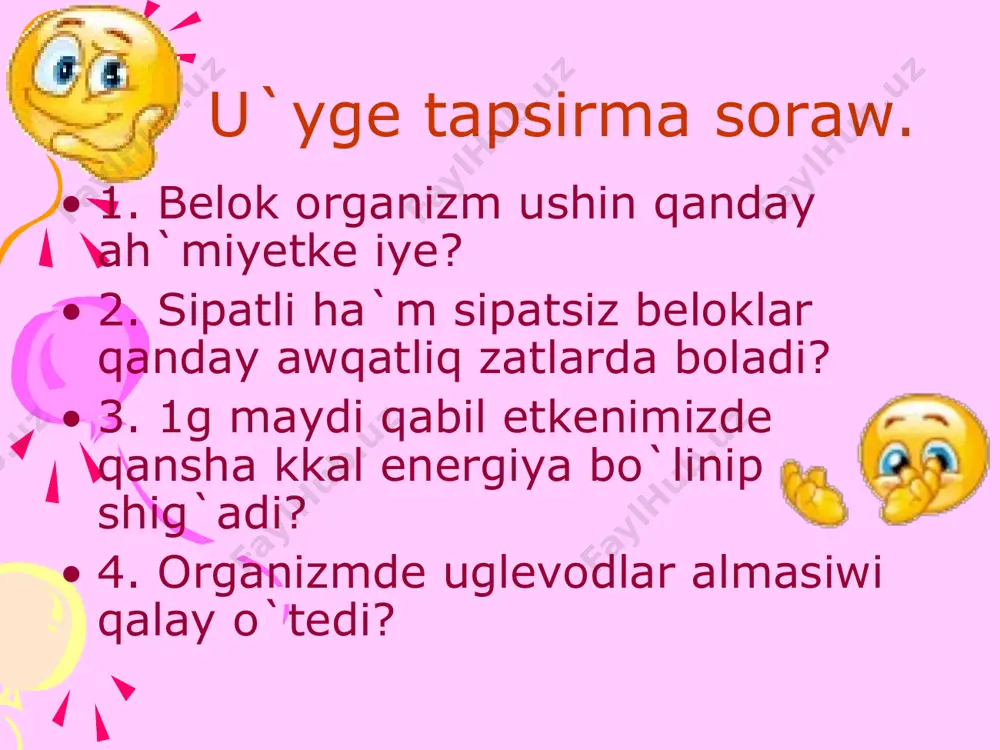 erv sistemasina ta`sir etedi. ju`rek, bulshiq et, epiteliy toqimasinin` jumisin jaqsilatadi. belok almasiwinda qatnasadi qan kletkalarinin` du`ziliwin a`melge asiradi. ku`nlik mug`dari 0,2-14mg c vitamini ku`nlik mug`dari 50-100mg fermentlerdin` quram bo`legi belok sintezine qatnasadi. immunitetti ku`sheytedi antidenelerdin` qaliplesiwin a`melge asiradi. d vitamini ku`nlik mug`dari 1mg kaltsiy almasiwinda qatnasadi. o`siw vitamini su`yektin `bir qa`lipte rawajlaniwina ta`sir etedi. fosfor almasiwinda qatnasadi ne u`yrendik, ne bildik? so`zsizba arqali bu`gingi o`tken sabaqtin`so`zlerin oqiy alasizlar i n t j k t а b a r n r i l a m t e e o i s b l n а x r k r i o i r l a t g р i o g x i е e p p u`yge tapsirma beriw &29 temani oqip keliw. oqiwliq penen qosimsha a`debiyatlardan paydalanip, e vitaminin jazip keliw. e vitamininin` paydasin, qanday tag`amlarda ushirasatug`inlig`in aniqlaw.