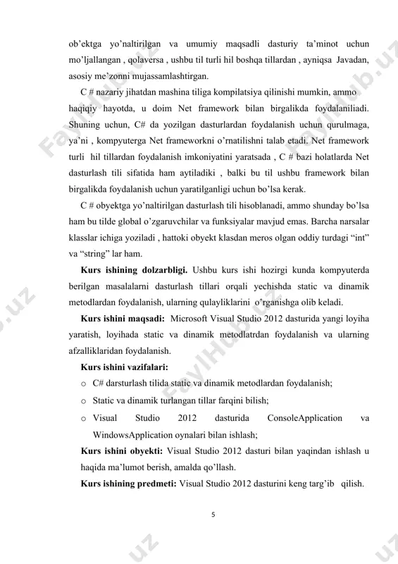 h parametrining ma'lumot turi va parametr nomi sifatida ko'rsatilgan bo'lib, usul ichida ko'rsatilgan. vergul bilan ajratilgan bir nechta parametr bo'lishi mumkin. statik usullar instantitsiz chaqiriladi. bu shuni anglatadiki, statik usullar faqat sinfning boshqa statik a'zolariga kirishlari mumkin (va, albatta, global va o'zgaruvchilardan), chunki boshqa a'zolar ob'ekt a'zolari. biroq, ularni ob'ektga chaqirish mumkin. misol public class numbers { public numbers() {} public static int findminimum(int number1,int number2) { // 3 raqam 1, 5 raqami 2 da saqlanadi int minimum = number2; if (number1 0) minsum = value; } } public decimal sum { get; private set; } // hisob summasi public decimal rate { get; private set; } // foiz stavkasi // hisobdagi summani muayyan davrdan keyin ma’lum bir stavkada hisoblash public static decimal getsum(decimal sum, decimal rate, int period) { decimal result = sum; for (int i = 1; i 0) minsum = value; } } // hisobdagi mablag’ni ma’lum …