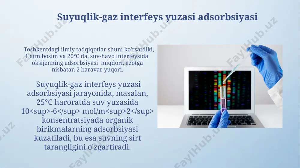 neftdan 150 tonna benzol ajratiladi, bu jarayon 50°c haroratda amalga oshiriladi. gibbs adsorbsiya tenglamasi gibbs adsorbsiya tenglamasida, masalan, 25°c haroratda suv-havo chegarasida spirtning adsorbsiyasi miqdori, spirtning konsentratsiyasi va yuzaki taranglik o'zgarishi bilan aniqlanadi, bu esa gıbbs izotermasini qo'llash orqali hisoblanadi. gibbs tenglamasidan foydalanib, temperatura 37°c bo'lgan suv-benzin sistemasida, eritmaning sirt tarangligini o'lchash orqali, benzinning suvga nisbatan adsorbsiya miqdorini toshkent shahridagi laboratoriyada aniqlash mumkin. interfeys yuzasining tenziyasi interfeys yuzasining tarangligi suv va havoning chegarasida 72 mn/m ga teng bo'lib, bu yer sharoitida o'lchangan qiymatdir va haroratga bog'liqdir. interfeys yuzasining tarangligi, masalan, tokio universitetida o'tkazilgan tadqiqotlarda turli konsentratsiyalardagi eritmalar uchun aniq o'lchangan va natijalar grafiklarda ko'rsatilgan. kritik micelle konsentrasiyasi (cmc) kritik mitsellar konsentratsiyasi (kkm) 0,1-10 mmol/l oralig'ida bo'lib, bu moddaning xususiyatlari va erituvchining turiga bog'liqdir, masalan, 25°s da suvda o'zgaruvchanligi sezilarli darajada yuqori bo'lishi mumkin. kkm qiymatini aniqlash uchun turli usullar qo'llaniladi, jumladan, yuzaki taranglikni o'lchash, masalan, du noüy usuli yordamida, va …