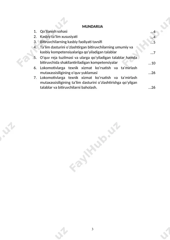 h, faol va tez xotirlash, harakat xotirasi va moslashuvchanlik. 2.3. ta’limni davom ettirish imkoniyatlari. 50711505 - lokomotivlarga texnik xizmat ko‘rsatish va ta’mirlash mutaxassisligi bitiruvchisi keyinchalik kasbiy ta’limini chuqurlashtirish maqsadida: kadrlar malakasini oshirish tizimida, tarmoq o‘quv muassasalarida va maxsus kurslarida malakani oshirishi; kasbiy faoliyatning tegishli sohasida yanada yuqoriroq malakaga erish maqsadida oliy ta’lim muassasasida o‘qishni davom ettirishi mumkin. 2.4. o‘qishga qabul shartlari. o‘qishga qabul shartlari amaldagi qonunchilik asosida amalga oshiriladi. 3. bitiruvchilarning kasbiy faoliyati tavsifi 3.1. bitiruvchining kasbiy faoliyat sohasi: 50711505 - lokomotivlarga texnik xizmat ko‘rsatish va ta’mirlash temir yo‘l transportida qo‘llaniladigan lokomotivlarga qurilmalariga jihozlariga, uskunalariga texnik xizmat ko‘rsatish va ta’mirlash ishlarini mehnat muhofazasi va elektr xavfsizligi qoidalariga amal qilgan holda bajarish. 3.2. bitiruvchining kasbiy faoliyat obyektlari: · lokomotiv depolari; · “o‘ztemiryo‘lmashta’mir” unitar korxonasi; · lokomotivlar; · ta’mirlash jarayonida foydalaniladigan har xil turdagi dastgohlari(tokarlik, frezalash, shlifovkalash); · ta’mirlash jarayonida foydalaniladigan har xil turdagi stendlar; · lokomotiv dizel-dvigateli; · lokomotivning transformatori; · …