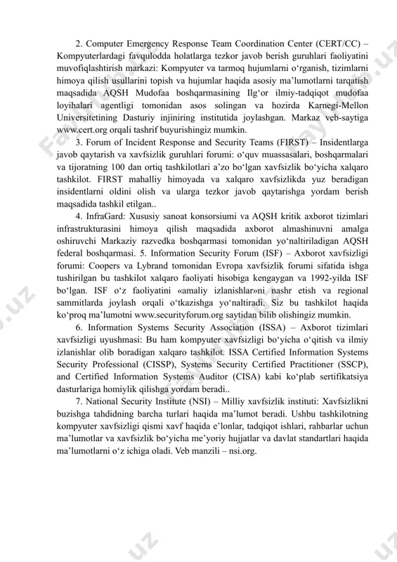 gan shaxsiy ma’lumotlarning maxfiyligini va konfedensialligini saqlash orqali fuqarolarning konstitutsiyaviy huquqlarini himoyalash; – davlat sirlarini saqlash, qonunchilikka asosan hujjatlashtirilgan axborotlar konfedensialligini ta’minlash; – axborot jarayonlarida hamda axborot tizimlari, texnologiyalari va ularni ta’minlash vositalarini loyihalash, ishlab chiqish va qo‘llashda sub’ektlarning huquqlarini ta’minlash. axborotni muhofaza qilishning samaradorligi uning o‘z vaqtidaligi, faolligi, uzluksizligi va kompleksligi bilan belgilanadi. himoya tadbirlarini kompleks tarzda o‘tkazish axborotni tarqab ketishi mumkin bo‘lgan xavfli kanallarni yo‘q qilishni ta’minlaydi. ma’lumki, birgina ochiq qolgan axborotni tarqab ketish kanali butun himoya tizimining samaradorligini keskin kamaytirib yuboradi. axborotni muhofaza qilish sohasidagi ishlar holatining tahlili shuni ko‘rsatadiki, muhofaza qilishning to‘liq shakllangan konsepsiyasi va tuzilishi hosil qilingan, uning asosini quyidagilar tashkil etadi: – sanoat asosida ishlab chiqilgan, axborotni muhofaza qilishning o‘ta takomillashgan texnik vositalari; – axborotni muhofaza qilish masalalarini hal etishga ixtisoslashtirilgan tashkilotlarning mavjudligi; – ushbu muammoga oid etarlicha aniq ifodalangan qarashlar tizimi; – etarlicha amaliy tajriba va boshqalar biroq, xorijiy matbuot xabarlariga ko‘ra ma’lumotlarga …