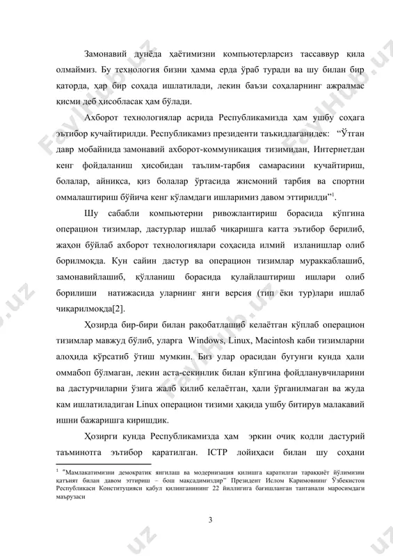 т қилувчи unix тизими фидойилари ёрдамида яратилди. ҳозириги кунда тизимнинг оммавийлашмаётганлигининг асосий сабаби дастурни комьютерга ўрнатиш ва ишлатиш ҳақидаги ахборотларнинг камлиги ҳисобланади. битирув малакавий иши мавзусининг долзарблиги: ҳозирги кунда lunix операцион тизими кенг тарқалаётганлиги ва тизимдан фойдаланувчилар кўпайиб бориши тизимда ишлаш бўйича мультимедиали ўқув материалларига бўган талабни оширади. lunix операцион тизимида ишлаш бўйича мультимедиали ўқув материаллари ҳозирда камчиликни ташкил этганлиги сабабли мавзу долзарб ҳисобланади. битирув малакавий ишиининг мақсади. ўқитиш жараёнини ташкил этишга қўйиладиган замонавий талаблар ҳисобга олган ҳолда lunix операцион тизимида ишлаш бўйича мультимедиали ўқув материаллари яратиш жараёни таҳлил қилинади. битирув малакавий ишиининг вазифалари: битирув малакавий ишимда барча қизиқувчилар учун lunix операцион тизимида ишлаш бўйича мультимедиали ўқув материаллари ишлаб чиқиш учун тавсиялар бериш ҳисобланади. менинг “linux операцион тизимини ўқитиш бўйича мультимедиали ўқув материали яратиш технологияси” деб номланган битирув малакавий ишим кириш қисм, 3 боб, ҳар бир бобнинг 3 тадан бўлимлари, фойдаланилган адабиётлар рўйхати ва хулосадан иборат. i-боб. мультимедиа воситалари турлари …