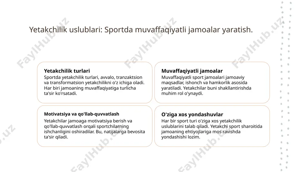 ri turli jamoalar va vaziyatlarga mos keladi. 4 madaniy ta'sir - oʻzbek sportida yetakchilik modellarida milliy qadriyatlar va urf-odatlar muhim rol o'ynaydi, bu esa sportchilarning motivasiyasini oshiradi. xulosa 1 sportda yetakchilik ahamiyati sport faoliyatida yetakchilik, jamoa muvaffaqiyatini ta'minlashda muhim rol o'ynaydi. yetakchilar jamoani motivatsiya qilib, o'zaro hamkorlikni kuchaytiradi. 2 jamoa dinamikasi va motivatsiya jamoa dinamikasi, sportchilar o'rtasida ijtimoiy aloqalar o'rnatishga yordam beradi. motivatsiya strategiyalari jamoani qo'llab-quvvatlashda muhim ahamiyatga ega. 3 o'zbek sport madaniyatidagi yetakchilik o'zbek sport madaniyatida yetakchilik an'anaviy va zamonaviy yondashuvlar bilan boyitilgan. bu, sportchilarni rivojlantirishda va jamoalarni shakllantirishda muhimdir. e'tiboringiz uchun rahmat!