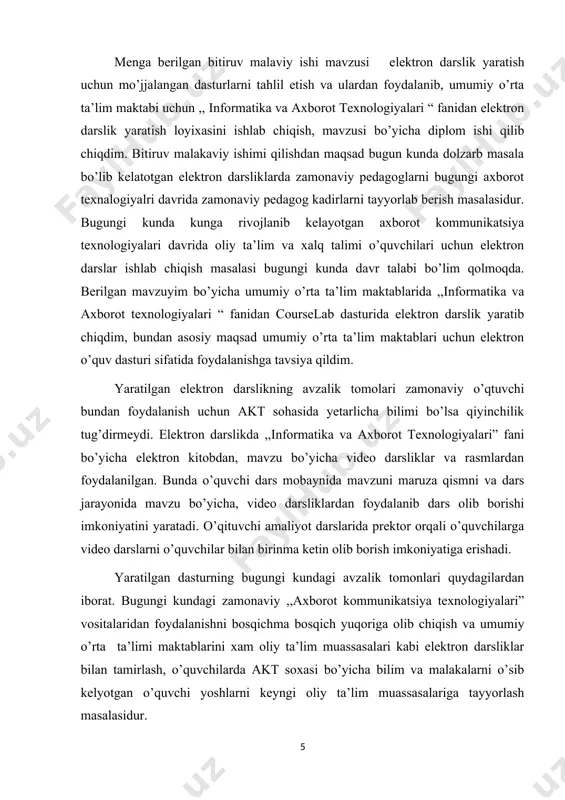 eradi. elektron darslik maxsuldorligini quydagi talablarga javob berishi kerek; elektron darslik talabalar ta’lim maxsulotini yaratish uchun imkon beradimi? bu yaratilgan maxsulotni qanday (ma’lumotni qayta talqin etish, javoblari aniq masalalar yechish yangi maxsulot yarata olishi va x.z.o) elektron darslikni eng ko’p foydalanuvchilari bo’lib ular oliy ta’lim talabalari xisoblanadilar. talabalarning ko’pchiligi mustaqil, deyarli o’qtuvchini yordamisiz mustaqil o’qiydilar. ta’lim tizimida yaratilgan elektron darslik mazmuni talaba xayot tariziga moslashtirilgan bo’lishi lozim. shuning uchun elektron darslikda foydalanganda talaba mustaqil bilim oladimi degan savolga javob darslik sifatini aniqlaydi. yratilgan elektron darslikni uning mazmuni va foydalanuvchi uchun qulayligi (dizain elementlari, animatsiya navigatsiya va boshqalar) qarab uning sifatini aniqlash kerek. bugungi kunda elektron darslik kontentini quydagilardan iborat bo’lishi kerek; · o’quv fanni o’rganish bo’yicha qo’lanma elektron darslik eng asosiy elamenti, bunda maqsadga erishish uchun tavsiyalar, mustaqil ishlari ro’yxati, adabiyotlar ro’yxati keltiriladi. · o’qish kalendari rejasi qo’llanmani aniq sanalar bilan to’ldiriladi. · o’quv qo’lanma elektron ko’rinishga keltirlgan ananaviy darslik. …