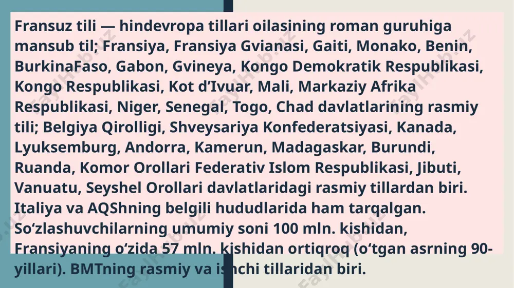 avqlanish uchun mo'ljallangan. ovqat juda ehtiyotkorlik bilan tayyorlanadi va ovqatlanish vaqti - muloqot qilish uchun eng yaxshi vaqt. frantsuz taomlari butun dunyoda tan olingan bo'lsa-da, pishirish uslublari, ingredientlari va taomlari mintaqadan mintaqaga ko'p. misol uchun, normandiya oshxonasi dengiz mahsulotlari va pishloqlari bilan mashhur, burgundiya esa mol go'shti bilan mashhur. aytgancha, an'anaviy frantsuz oshxonasi pishloqlari, sharoblari, nonlari va soslari bilan ajralib turadi. so'nggi paytlarda frantsuz oshxonasi an'anaviy og'ir soslar va murakkab preparatlardan ko'ra engilroq tariflarni aks ettirishga o'tdi. frantsuz madaniyatida nonushta odatda engil bo'ladi: frantsuz pirojnoe yoki issiq ichimlik bilan xizmat qiladigan non. tushlik va kechki ovqat esa kunning asosiy taomi hisoblanadi. rasmiy taomlar to'rtta taomdan iborat bo'ladi: boshlang'ich, salat, asosiy taom va pishloq yoki shirinlik kursi. san'at frantsuz an'analarida chuqur qadrlanadi. sevimli mashg'ulotlar va kasblar tarixan ularga kiradigan hunarmandchilikka chuqur hurmat ko'rsatiladi. fransuz adabiyoti, rassomligi va kinosi butun dunyoda tarixiy ahamiyatga ega. les misérables yoki mone kabi rassomlar kabi asarlar …