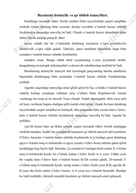 xsus moslamalarga o’rnatib ishlov berish. bu usuldan foydalanilganda maxsus moslama yordamida detalga kesuvchi asbobga nisbatan aniq holatda beriladi. maxsus moslamalardan foydalanilganda xomashyo avvaldan chiziqlar o’tkazish uni dastgohga o’rnatishda sozlash ishlarini bajarish kerak emas. maxsus moslamalar yordamida detalning dastgohga o’rnatish tez va oson bajariladi. moslamalardan foydalanishning maqsadga muvofiqligi donali va kichik seriyali ishlab chiqarish sharoitida ko’rib chiqilishi mumkin. ko’p seriyali va yalpi ishlab chiqarish sharoitida moslamalardan foydalanish majburiy ko’rinishga ega. aks holda ishlab chiqarish samaradorligini oshirishga erishish mumkin emas. bu ishlab chiqarish sharoitlarida har-bir amalni bajarish uchun alohida moslama loyihalash taqozo etiladi. maxsus moslamalarda detallarni bazalash uchun o’rnatish yuzalari nazarda tutiladi. qattiq jismlar mexanikasidan ma’lumki, ular fazoda oltita erkinlik darajasiga ega. bu ixtiyoriy tanlangan uchta o’zaro perpendikulyar x, y, z o’qlar bo’yicha ilgarilanma-qaytma va shu o’qlar atrofida aylanma xarakatlardan iborat (3-rasm). detalning har bir erkinlik darajasini yo’qotish uchun uni ma’lum bir qo’zg’almas nuqtaga qisish (jipslash) kerak. bu nuqtalar o’z navbatida moslama …