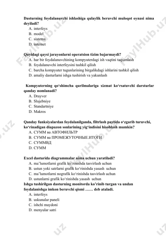 a. o‘ngga ko‘rsatkich tugmasi bosiladi b. chapga ko‘rsatkich tugmasi bosiladi c. esc tugmasi bosiladi d. pastga ko‘rsatkich tugmasi bosiladi internetning birinchi versiyasi qanday nomlangan va kim tomonidan yaratilgan? a. arpa, larri roberts b. eniac, german goldstayn c. unix, djon neper d. it, djon mouchli internet nechta tarkibiy qismlarga bo’linadi? a. 3 ta b. 11 ta c. 7 ta d. 5 ta foydalanuvchilarga internet xizmatlarini tashkil etuvchi tashkilot nomi qaysi? a. provayder b. server c. brauzer d. web-sayt veb resursi manzili to‘g‘ri yozilgan javobni ko‘rsating: a. http://www.gov.uz b. http/wwwgov.uz c. www/http.gov.uz d. www:http.gov.uz internetga ulangan kompyuter albatta nimaga ega bo‘lishi shart? a. ip-adresga b. web-serverga c. uy web-sahifasiga d. domen nomga axborot texnologiyalari deganda nima tushuniladi? a. insoniyat tomonidan axborotlarni izlash, to‘plash, saqlash, qayta ishlash va undan foydalanish usulllari va vositalari b. axborotlar ustida amallar bajarish c. axborot saqlash usullari d. axborotdan foydalanish qurilmalari axborot resurslari bu … a. axborot tizimi …