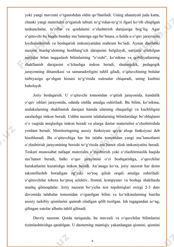 oq (intervyu), yozma testlar, referatlar, kollokviumlar, seminarlar, kurs ishlari, laboratoriya testlari, dizayn ishlari, kundalik yozuvlari, kuzatuv jurnallari orqali shakllanadi. shakllarning har biri o‘ziga xos xususiyatlarga ega. og‘zaki so‘roq paytida nafaqat bilim nazorat qilinadi, balki og‘zaki nutq ham o‘qitiladi, pedagogik muloqot rivojlanadi. yozma ish materiallarni bilish darajasini hujjat bilan belgilashga imkon beradi, ammo ular o‘qituvchidan ko‘p vaqt talab qiladi. kurs ishlari va tezislar bo‘lajak mutaxassisning ijodiy shaxsini shakllantirishga hissa qo‘shadi. vaqt bo‘yicha pedagogik nazorat quyidagilarga bo‘linadi: joriy (talabalarni muvaffaqiyatli va muvaffaqiyasiz deb ajratadi, o‘rganishga turtki beradi: so‘rov, nazorat, vazifalar, ma’lumotlarni nazorat qilish). tematik (ma’lum bir mavzu yoki dastur bo‘limining natijalarini baholash); oraliq nazorat (o‘qituvchi o‘quv materialining keyingi qismiga o‘tishdan oldin har bir o‘quvchining ta’lim yutuqlarini tekshirish); yakuniy (kurs imtihoni - bu o‘tgan intizomni o‘rganish natijasi); yakuniy (davlat imtihonlari, tezis himoyasi, davlat imtihon komissiyasi tomonidan malaka muko‘zlashtirishoti). baholash o‘tkazilgan pedagogik nazorat natijasidir. baholash - bu o‘quvchining bilimlari, qobiliyatlari va ko‘nikmalarini mashg‘ulotning maqsad …