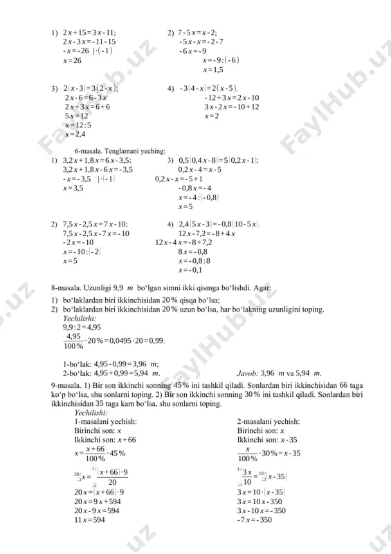 nda va ; yechilishi: a) b) . 13-masala. ko‘phadni standart shaklga keltiring: 1) ; 2) . 14-masala. amallarni bajaring: 1) ; 2) ; 3) ; 4) . 16-masala. ifodani soddalashtiring: 1) ; 2) ; 3) ; 4) ; 17-masala. ko‘paytuvchilarga ajrating: 1) ; 2) ; 3) ; 4) ; 5) ; 6) . 18-masala. ko‘paytuvchilarga ajrating: 1) ; 2) ; 3) ; 4) . 19-misol. hisoblang: 1) ; 2) ; 3) ; 4) ; 5) ; 6) . 20-masala. amallarni bajaring: 1) ; 2) ; 3) ; 4) . 21-masala. amallarni bajaring: 1) ; 2) ; 3) ; 4) . 5. o‘tilgan mavzuni mustahkamlash: o‘quvchilar tushunmagan savollarni aniq misollar yordamida tushuntiraman. 6. o‘tilgan mavzuni so‘rab baholash: savol: kasr so‘zi qanday manoni bildiradi? javob: kasr so‘zi arabcha «kasara» so‘zidan olingan bo‘lib, «bo‘lmoq, bo‘laklamoq, maydalamoq» kabi ma’nolarni bildiradi. savol: kasrning nechta turi mavjud? javob: kasr - to‘g‘ri va noto‘g‘ri kasrlarga bo‘linadi. savol: …