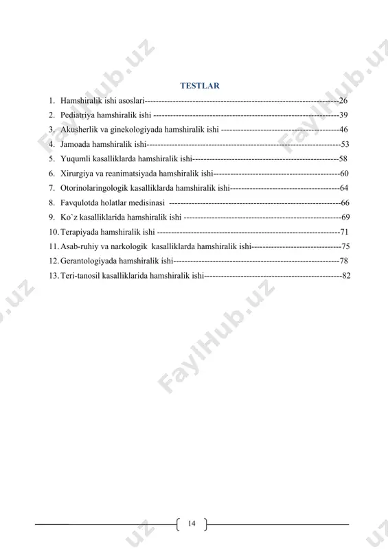 17. sifonli huqna o'tkazish algoritmi. kerakli jihozlar: 18. dorili va yog'li huqni o'tkazish algoritmi. kerakli jihozlar: 19. bemor qovuqni kateterlashda muolaja algoritmi 20. dorilarni tashqi usulda qo'llashda muolaja algoritmi 21. bemorga shamchalardan foydalanishda muolaja algoritmi 22. antibiotiklarni eritish va dozalash algoritmi. 23. insulinni dozalash muolajasi algoritmi 24. ampula va flakondan dori olish muolaja algoritmi 25. teri orasiga in'yeksiya qilish muolaja algoritmi 26. teri ostiga in'yeksiya qilish muolaja algoritmi. 27. muskul orasiga in'yeksiya qilish muolaja algoritmi. 28. vena ichiga dori yuborish muolaja algoritmi. 29. tomchilab dori yuborish uchun sistemani tayyorlash muolaja algoritmi. 30. tomoq va burundan surtma olish muolaja algoritmi. 31. balg'amni turli tekshiruvlarga yig'ish muolaja algoritmi. 32. siydikni zimniskiy tekshiruviga yi’gish algoritmi. 33. siydikni necheparenko tekshiruviga yig’ish algoritmi. 34. siydikni addis – kakovskiy tekshiruviga yig’ish algoritmi. 35. bemorni zondlashga tayyorlashda hamshira taktikasi 36. qon guruhini standart zardob bo’yicha aniqlash muolaja algoritmi. 37. bemorlarni elektrokardiografiya (ekg) tekshiruviga tayyorlashda hamshira taktikasi 38. …