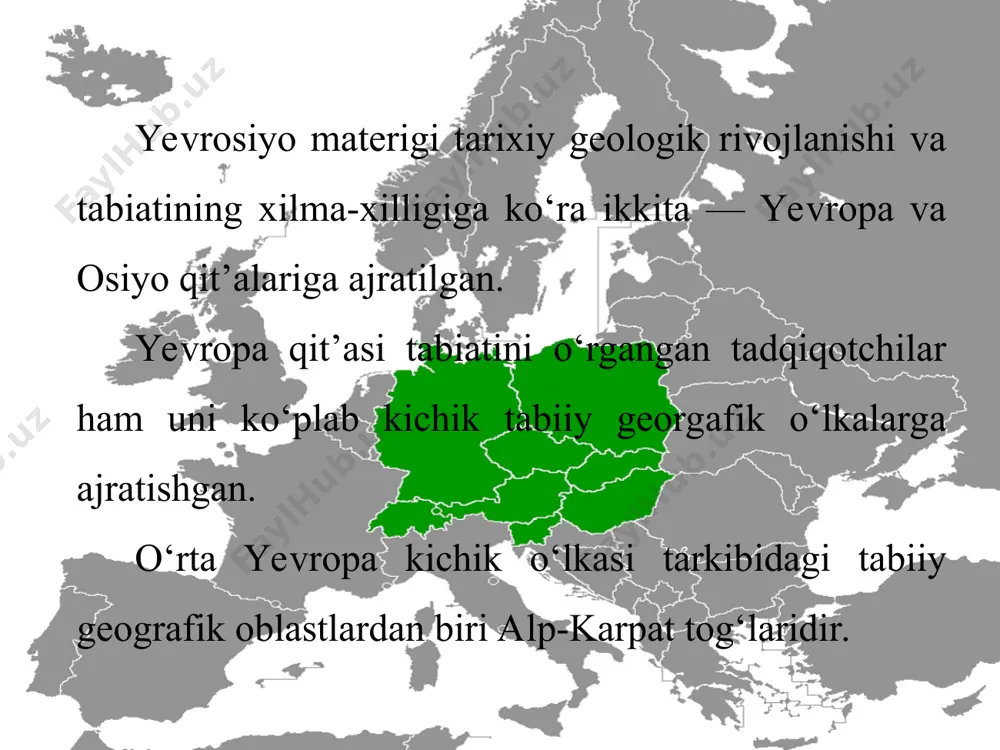 oydali qazilmalardan neft, gaz, ko‘mir, temir va marganes rudalari, rangli va nodir metallar, kaliy hamda osh tuzlari mavjud. iqlimi alp tog‘larining iqlimiga qaraganda biroz kontinentalroq. yanvarning o‘rtacha harorati –3 –5 °c. tog‘ etaklarida yoz issiq, o‘rtacha harorat +17 +20 °c ga teng. balandlikka ko‘tarilgan sari harorat pasayadi. yillik yog‘in 800 — 1 000 mm, tog‘ tepalarida 1 200 — 2 000 mm. karpat tog‘lari daryolarga boy. shimolga oqadigan oder, visla daryolari karpatdan boshlanadi. karpatning eng katta tabiiy boyligi tog‘ o‘rmonlaridir. unga o‘rmonli karpat deb nisbat berilishi bejiz emas. tog‘ yonbag‘irlarida keng bargli o‘rmonlar (buk, eman, zarang, qora qarag‘ay) tarqalgan. eng baland joylari ham tog‘ o‘rmonlari bilan qoplangan. ular planinalar (yaylovlar) deb yuritiladi. pasttekisliklarda ahyon-ahyonda pushta deb ataluvchi dashtlar saqlanib qolgan. karpat tog‘larida, asosan, qo‘ng‘ir ayiq, to‘ng‘iz, silovsin, olmaxon, suvsar kabi hayvon turlari ko‘p uchraydi. sharqiy yevropa 6-sinf geografiya darsligi asosida 62-mavzu: geografik o‘rni. sharqiy yevropa tekisligi yevrosiyoda eng yirik tabiiy …