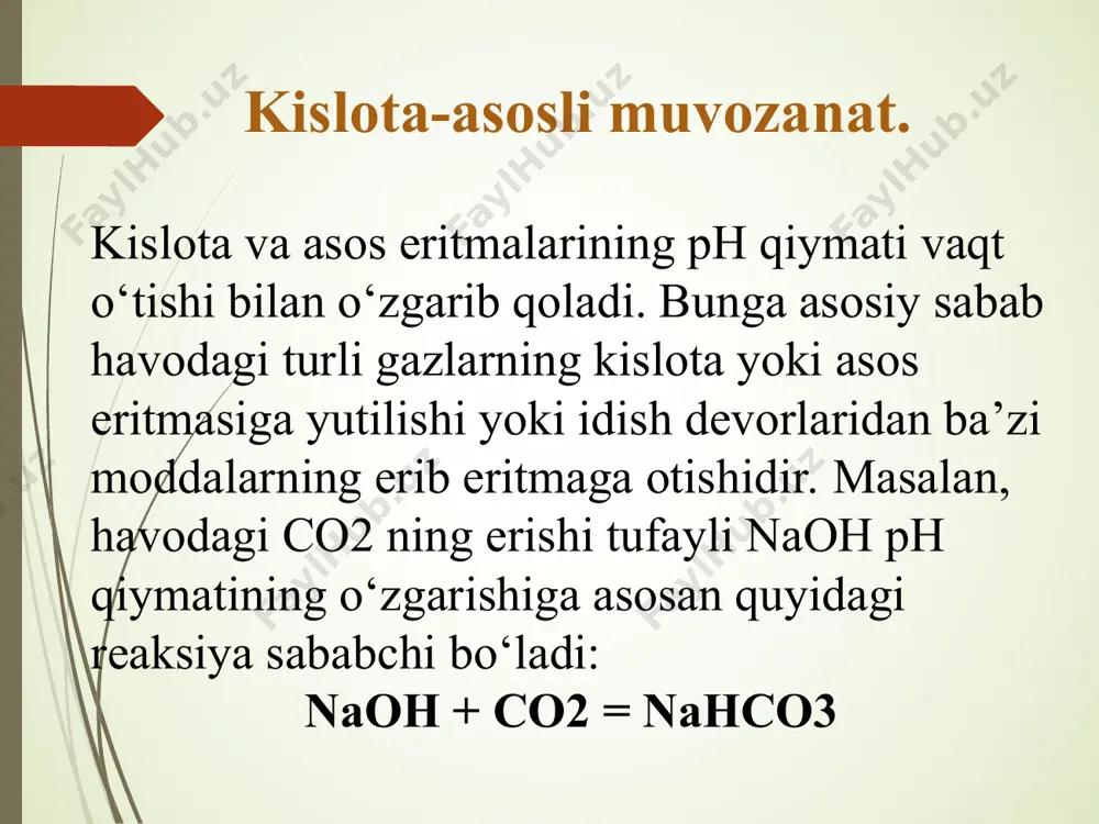 kdis.----------------- [ch3coo-] kislotali bufer sistema uchun genderson-gasselbah tenglamasi [ch3cooh] -lg [h+] = -lgkdis.- lg---------------- [ch3coo-] c tuz ph = pkk-ta + lg ----------- c k-ta asosli bufer sistema uchun genderson-gasselbah tenglamasi nh4oh nh4+ + oh- nh4cl nh4+ + cl- [nh4+][oh-] asos uchun: kdis.=------------------- yoki: [nh4oh] [nh4oh] [oh-] = kdis.----------------- [nh4+] asosli bufer sistema uchun genderson-gasselbah tenglamasi [nh4oh] -lg [oh-] = -lgkdis.- lg---------------- [nh4+] c tuz poh = pkasos + lg --------- casos c tuz ph = 14 - pkasos - lg --------- casos bufer ta’sirining mehanizmi ch3cooh ch3coo- + h+ ch3coona ch3coo- + na+ oz miqdorda kuchli kislota qo’shganda: h+ + ch3coo- = ch3cooh ya’ni muvozanat kuchsiz elektrolit ch3cooh hosil bo’lish tomonga siljiydi. oz miqdorda kuchli asos qo’shganda: oh- + h+ = h2o ya’ni muvozanat kuchsiz elektrolit h2o hosil bo’lish tomonga siljiydi. bufer sig’imi bufer eritmalarning ph qiymatini saqlab turish imkoniyati cheksiz emas. jadval 2.4 dan ko`rinib turibdiki, ular ma’lum …