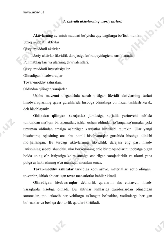 tbaho qog`ozlar tushu-niladi va ularni hisobga olish uchun shu nomdagi hisobvaraq mo`ljallangan. qisqa muddatli investitsiyalar turlari bo`yicha hisobga olinadi. pul mablag`lari va ularning ekvivalentlari esa alohida hisobga olinadi. ularni hisobga olish uchun mo`ljallangan hisobvaraqlarda milliy valyutadagi naqd pul mablag`lari, hisob-kitob hisobvaraqadagi pul mablag`lari, valyuta hisobva-raqlari, boshqa maxsus hisobvaraqlar, pul ekvivalentlarining hisobi yuritiladi. 2. pul mablag`lari va ularning ekvivalentlari hisobi pul mablag`lari majburiyatni zudlik bilan to`lash uchun ishlatilishi mumkin bo`lgan mablag`larni o`z ichiga oladi pul mablag`lariga joriy hisobvaraqlaridagi qoldiqlar, naqd pullar, tangalar, valyuta, korxona kassasining naqd pullari va moliyaviy muassasalar tomonidan depozitlar va muomaladan chiqarish uchun qabul qilingan korxona kass-sasidagi aniq o`tkazib beriladigan pul xujjatlari kiradi. ushbu o`tkaziladigan pul xujjatlariga oddiy cheklar, kassa orderlari, mijozlar cheklari, pul o`tkaz-malari va boshqa hisob-kitob vositalari kiradi. pul ekvivalentlari - bu pul mablag`lariga o`xshash, lekin boshqacha tasnif-lanadigan aktivlardir. ular xazina veksellari, muomalaga chiqarilgandan so`ng 1 yil muddatdan o`tgach qaytariladigan hukumatning foizsiz majburiyatlaridir. ular chegirma bilan …