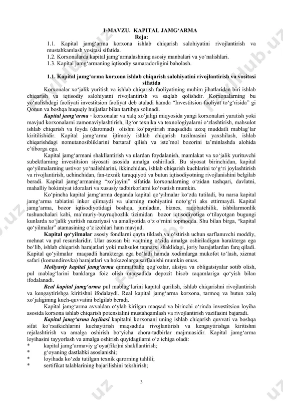 ojlantirish, uchinchidan, fan-texnik taraqqiyoti va butun iqtisodiyotning rivojlanishini belgilab beradi. kapital jamg‘armaning “xo‘jayini” sifatida korxonalarning o‘zidan tashqari, davlatni, mahalliy hokimiyat idoralari va xususiy tadbirkorlarni ko‘rsatish mumkin. ko‘pincha kapital jamg‘arma deganda kapital qo‘yilmalar ko‘zda tutiladi, bu narsa kapital jamg‘arma tabiatini inkor qilmaydi va ularning mohiyatini noto‘g‘ri aks ettirmaydi. kapital jamg‘arma, bozor iqtisodiyotidagi boshqa, jumladan, biznes, raqobatchilik, ishbilarmonlik tushunchalari kabi, ma’muriy-buyruqbozlik tizimidan bozor iqtisodiyotiga o‘tilayotgan bugungi kunlarda xo‘jalik yuritish nazariyasi va amaliyotida o‘z o‘rnini topmoqda. shu bilan birga, “kapital qo‘yilmalar” atamasining o‘z izohlari ham mavjud. kapital qo‘yilmalar asosiy fondlarni qayta tiklash va o‘stirish uchun sarflanuvchi moddiy, mehnat va pul resurslaridir. ular asosan bir vaqtning o‘zida amalga oshiriladigan harakterga ega bo‘lib, ishlab chiqarish harajatlari yoki mahsulot tannarxi shaklidagi, joriy harajatlardan farq qiladi. kapital qo‘yilmalar maqsadli harakterga ega bo‘ladi hamda xodimlarga mukofot to‘lash, xizmat safari (komandirovka) harajatlari va hokazolarga sarflanishi mumkin emas. moliyaviy kapital jamg‘arma qimmatbaho qog‘ozlar, aksiya va obligatsiyalar sotib olish, pul mablag‘larini …