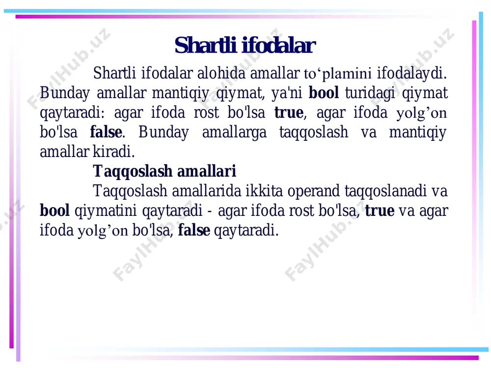soni {son2} dan katta"); } if kalit so'zidan keyin shart qo'yiladi. va agar bu shart bajarilsa, figurali qavslar ichidagi if blokiga qo'shimcha joylashtirilgan kod ishga tushadi. oldin ko'rib chiqilgan taqqoslash amallari shart sifatida ishlatiladi. ushbu holatda, birinchi son ikkinchisidan kattaroq, shuning uchun son1>son2 ifodasi rost va true qiymatini qaytaradi, natijada boshqaruv console.writeline("{son1} soni {son2} sonidan katta"); qatoriga o'tadi. agar shart bajarilmasa ham qandaydir amallarni bajarish uchun else blokini qo'shish mumkin : shart operatorlari int son1 = 8; int son2 = 6; if(son1 > son2) { console.writeline($"{son1} soni {son2} sonidan katta"); } else { console.writeline($"{son1} soni {son2} sonidan kichik"); } shart operatorlari sonlarni solishtirganda, uchta holatni sanash mumkin: birinchi son ikkinchidan katta, birinchi son ikkinchidan kichik va sonlar teng. else if konstruktsiyasidan foydalanib, qo'shimcha shartlarni qayta ishlash mumkin: int son1 = 8; int son2 = 6; if(son1 > son2) { console.writeline($"{son1} soni {son2} sonidan katta"); } else if (son1 son2 && …