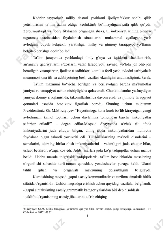 da, ish tajribalarini ommalashtirishda samarali foydalanishga xizmat qiladi. kurs ishi tarkibiy tuzilishi va hajmi: ish kirish, 2 bob, 4 bo‘lim, umumiy xulosalar va tavsiyalar, foydalanilgan adabiyotlar ro‘yhatidan iborat. 1 sodda gaplar sodda gaplarning shakllanishida uch xil omil muhim rol o’ynaydi. 1.sodda gapning shakllanishidagi leksik omil. fikr tushunchalarsiz bo’lmaganligi bois sodda gap asosida ham, avvalo so’z yotadi. zero, sodda gap asosidagi atov birlik – voqealangan leksemadir. leksemaning guruhlanishida ham yetakchi omildan biri sifatida ularning sintaktik imkoniyat yotish bejiz emas. shu boisdan tilshunoslikda gap bo’laklari va so’z munosabati ustuvor masaladan biri. gap bo’laklari turli mustaqil so’z turkumi bilan ifodalanevaradi. biroq har bir gap bo’lagi uchun ma’lum bir so’z turkumi ko’proq xoslangan boladi – semantik va grammatik xossalari bilan ma’lum bir gap bo’lagi vazifasida mos so’zlar bor. masalan, “kesim vazifasida kelish uchun ko’proq fe’l xoslangan” (i.i.meshchaninov.) ega, to’ldiruvchi vazifasida, asosan, ot va ot vazifasidagi so’z keladi. bu so’z turkumlarining umumiy ma’naviy tabiati va …