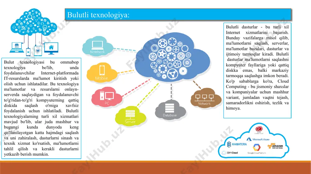 minlangan bo'lib, iste'molchi operatsion tizimlar va ilovalarni o'z ichiga olgan o'zboshimchalik bilan dasturiy ta'minotni ishlatishi va ishlatishi mumkin. bulutli texnologiya: googlening bulutli texnologiyalari: google llc amerikaning internetga oid xizmatlar va mahsulotlar, jumladan, onlayn reklama texnologiyasi, qidiruvi, dasturiy taʼminot va apparatura sohasidagi ixtisoslashgan ko‘p tilli texnologiya kompaniyasi. u amazon, apple va facebook bilan birga katta to‘rtlik texnologiya kompaniyalaridan biri sanaladi. ushbu tizim hozirda internetda mashhurligi boʻyicha birinchi oʻrinda bormoqda (u 70% qidiruv soʻrovlarini amalga oshiradi). hozirda u kuniga 50 million qidiruv soʻrovlarini ro‘yxatdan o‘tkazadi va ayni vaqtda 8 milliarddan ortiq veb sahifalarni indeksatsiyalagan. google qidiruv tizimi 101 tadan ortiq tillarda soʻrovlarni qayta ishlaydi. google hisobingizga kiring va ishlatadigan google xizmatlaringizning barcha imkoniyatlaridan foydalaning. hisobingiz google xizmatlarini moslashtirish orqali koʻproq ishlar bajarish hamda istalgan joydan muhim maʼlumotlaringizga osongina kirish imkoniyatini beradi. sizga yordam beradi siz uchun yaratilgan sizni himoyalaydi tizimga kirganingizda siz ishlatadigan google xizmatlari doim birga ishlab turadi. bunda gmail xizmatini …