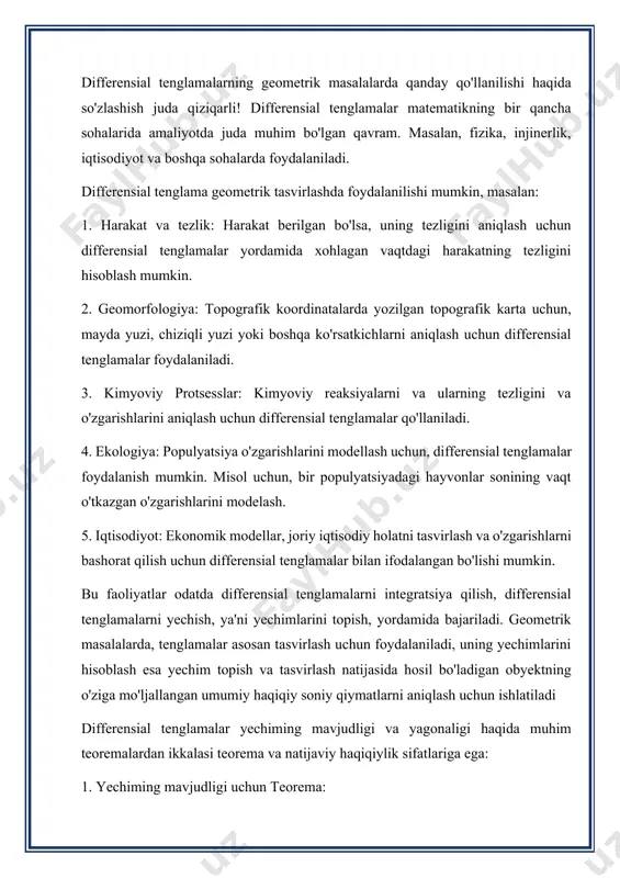 ifferensial tenglamalar yechiming mavjudligi va yagonaligi haqida muhim teoremalardan ikkalasi teorema va natijaviy haqiqiylik sifatlariga ega: 1. yechiming mavjudligi uchun teorema: agar \(f(x, y)\) funksiya birlikda yutuqlar to'plami bo'lsa, ya'ni \(f(x, y) = 0\) ko'rsatkichi bilan ifodalangan bo'lsa, va bu funksiya \(x\) va \(y\) ni uzayning bir bo'limida birinchi darajali bo'lgan yutuqlar to'plami bo'lsa (ya'ni, funksiyaning barcha bo'limlarida bu darajali bo'lsun), shu bilan birga \(f\) funksiya va uning barcha birlashmalari va to'plamlari \(x\) va \(y\) o'rtasida hamtaroq va davomiy bo'lsa, u holda bu funksiyaning yechimi mavjud bo'ladi. boshqa so'zlar bilan, agar bir funksiya va uning barcha birlashmalari va to'plamlari o'rtasida hech qanday "yo'g'li" bo'lmasa, yani, biror darajada ham qo'shish yoki ayirish amali bilan, u holda bu funksiyaning yechimi mavjud bo'ladi. 2. yechiming yagonaligi uchun teorema: agar funksiya \(f(x, y)\) ning barcha to'plamlari va birlashmalari \(x\) va \(y\) o'rtasida hamtaroq va davomiy bo'lsa, ya'ni, funksiya darajali bo'lmagan holda to'g'ri chiziqcha shaklida …