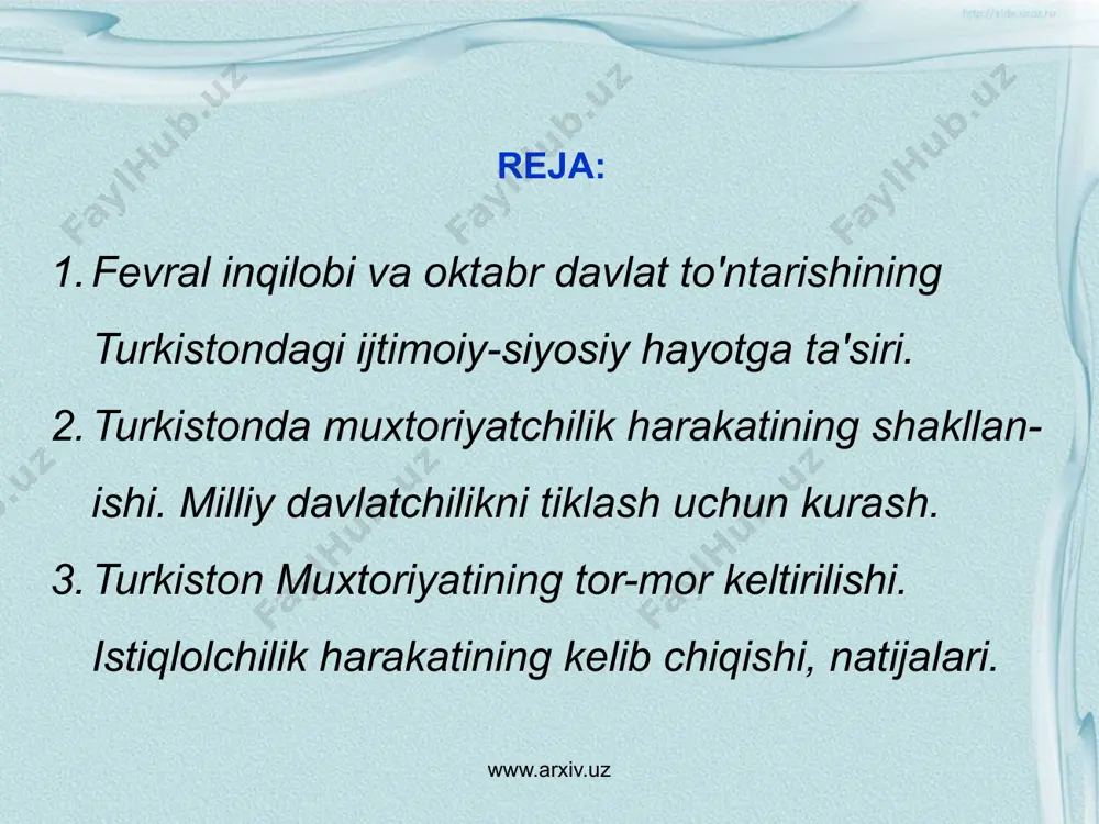 sasalari, ya'ni qonun ishlab chiqadigan parlamenti, ish yuritadigan hukumati bo'lishi lozim. tashqi siyosat, moliya, yo'llar, harbiy ishlar umumros­siya federasiyasi hukumatining ishi deb hisoblandi. maorif ishlari, mahal­liy yo'llar masalasi, mahalliy idoralar, adliya hamda yer masalalarining hammasi mahalliy muxtoriyat hukumati doirasidagi ishlar deb qaraldi. www.arxiv.uz www.arxiv.uz muxtoriyat masalasi musulmonlar orasida 1917 yil may oyining boshida moskvada bo'lib o'tgan butunrossiya musulmonlarining birinchi s'yezdidan keyin yanada faolroq qo'yila boshladi. biroq s'yezd rahbarlari har qancha harakat qilish­ma­sin, yagona fikrga kelish nihoyatda mushkul bo'ldi. chunki, mamlakatning musulmonlar yashaydigan hududlari muxtoriyati xususidagi masala keskin bahs va tortishuvlarga sabab bo'lgan edi. muxtoriyat xususidagi tortishuvlar, chiqishlar s'yezdni ikkiga bo'lib yubordi. natijada, rossiyaning turkiston, qirg'iziston, kavkaz, qrim va hokazo o'lkalari vakillari federativ respublika tarafdori bo'lganliklari uchun o'zlarini «federalistlar», rossiyaning ichki guberniyalari va volga bo'yi musulmonlari vakillari esa unitar (bir butun, qo'shma) respublika tarafdori bo'lganliklari uchun o'zlarini «unitaristlar» deb atadilar. lekin, har qalay s'yezd demokratik ruhdagi qarorni qabul qilishga muvaffaq bo'ldi. …
