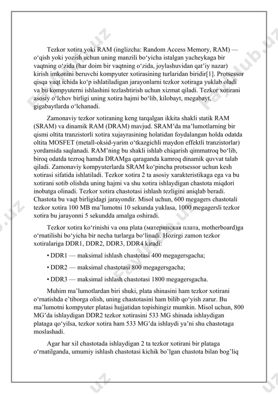 )ga oʻrnatilishi boʻyicha bir necha turlarga boʻlinadi. hozirgi zamon tezkor xotiralariga ddr1, ddr2, ddr3, ddr4 kiradi: • ddr1 — maksimal ishlash chastotasi 400 megagersgacha; • ddr2 — maksimal chastotasi 800 megagersgacha; • ddr3 — maksimal ishlash chastotasi 1800 megagersgacha. muhim ma’lumotlardan biri shuki, plata shinasini ham tezkor xotirani oʻrnatishda e’tiborga olish, uning chastotasini ham bilib qoʻyish zarur. bu ma’lumotni kompyuter platasi hujjatidan topishingiz mumkin. misol uchun, 800 mgʼda ishlaydigan ddr2 tezkor xotirasini 533 mg shinada ishlaydigan plataga qoʻyilsa, tezkor xotira ham 533 mgʼda ishlaydi yaʼni shu chastotaga moslashadi. agar har xil chastotada ishlaydigan 2 ta tezkor xotirani bir plataga oʻrnatilganda, umumiy ishlash chastotasi kichik bo’lgan chastota bilan bog’liq bo’ladi. misol tariqasida 1000 mg va 600 mg chastotada ishlaydigan tezkor xotirani bitta plataga oʻrnatilsa, shunda tezkor xotira 600 mgц chastota bilan ishlaydi. tezkor xotira koʻplab oʻyin va dasturlar uchun javobgardir. eng so'nggi kompyuter modellarida ishlatiladigan shinalar (ularning arxitekturasi, ko'rsatkichlari va xususiyatlari). …