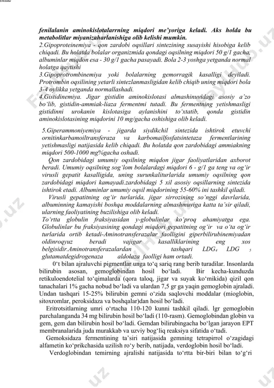obiga jigarda turli zaharli moddalarni zararsizlantiriladi. glutamatalaninaminotransferaza va glutamattirozinaminotransferaza asosan jigarga xos fermentlar jumlasidan bo‘lib, jigar hujayralaiining jarohatlanishi natijasida qonga yuvilib chiqib, faolligi 100 marotaba oshib ketishi kuzatiladi. jigarda albumin, globulin, protrombin, prokonvertin kabi oqsillardan tashqari 90-95% glikoproteinlar, sial kislotalari, yuqori va past zichlikka ega bo‘lgan lipoproteinlar, seruloplazmin, transferrin ham sintezlanadi. jigarda ishlab chiqarilgan oqsillar qon zardobi tarkibida quyidagi vazifalarni bajarishda ishtirok etadilar: 1.organizmmng turli hujayralari uchun zarur moddalarni tashishda. 2.hujayralarni hosil qilish uchun zarur plastik moddalar bilan ta’minlashda; fermentlar, gormonlar bilan ta’minlashda. . 3.properdin, komplement kabi oqsillar sistemasi orqali organizmni himoya qilishda; 4.organizmdagi onkotik bosimni me’yorida tutishda; organizm ichki muhitining doimiyligini, qondagi elektrolitiar miqdori va organizm suyuqliklarini birdek saqlab turishda. jigarda sintezlangan albuminlar turli moddalami: yog‘ kislotalar, o‘t kislotalarni, bilirubia, gematin, protoporfirin, tiroksin, uchyodtiroksin, testosteron, estradiol, gidrokortizon va ularning unumlarini, vitaminlar, metall kationlarini, nitrat, nitrit, atsetat va bikarbonat anionlarini, dorivor moddalarni (penitsillin, streptomitsin, levomitsetin, biomitsin, sulfanilamidlar, akrixin, salitsilatlar, barbituratlar, …