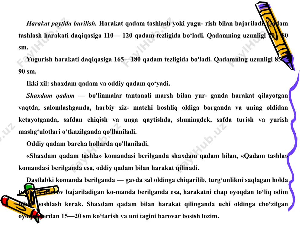 a qadam yurish uchun «oldin (orqa)ga ikki qadam taslila» komandasi beriladi. komanda beril- gach, ikki qadam oldinga (orqaga) bosiladi va oyoqlar juftlanadi. 0‘ngga, chapga va orqaga qadam bosganda qo‘llar harakatlantiril-maydi. harakat vaqtida burilishlar «0‘ngga», «chapga», «ortga yur» komandalariga ko‘ra bajariladi. 0‘ng (chap)ga burilish uchun darrov bajariladigan komanda o‘ng (chap) oyoqni yerga qo‘yish bilan bir vaqtda beriladi. komanda berilgach, o‘ng (chap) oyoq bilan oldinga bir qadam tashlanadi, o‘ng (chap) oyoq uchida buriladi, burilish bilan bir vaqtda o‘ng (chap) oyoq oldinga cho‘ziladi va yangi yo‘nalish bo‘yicha harakat boshlanadi. orqaga burilish uchun darrov bajariladigan komanda o‘ng oyoq yerga qo‘yilishi bilan bir vaqtda beriladi. komanda bo‘yicha (bir deb sanalganda) chap oyoq bilan yana bir qadam tashla­nadi, o‘ng oyoq yarim qadam oldinga chiqarilib, ozroq chapga olinadi, ikki oyoqning uchida zudlik bilan (ikki deb sanalganda) chap tomon burilib, yangi yo‘nalish bo‘yicha chap oyoq bilan harakat (uch deb sanalganda), davom ettiriladi. burilishlar vaqtida qo‘llar oyoqlarga mos harakatlantiriladi. …