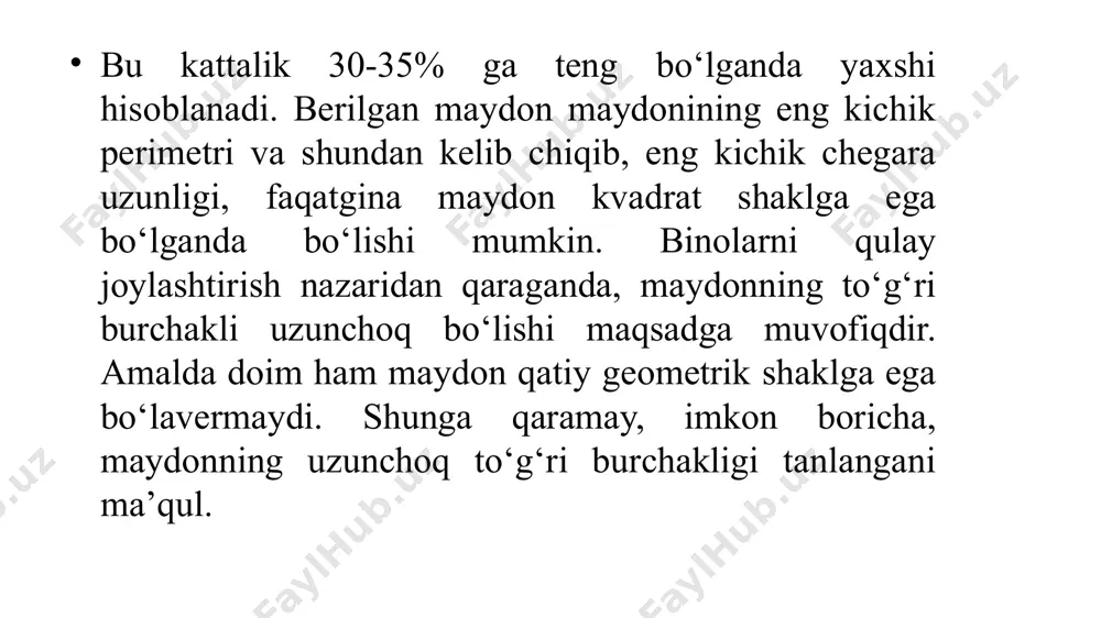 acha yoki zinagacha bo‘lgan eng uzoq oraliq misofa quyidagi jadvalda meyorlangan: evakuatsion chiqish joyining soni ikkitadan kam bo‘masligi lozim. cherdakli ko‘p qavatli binolardagi barcha zinali yo‘lanlar cherdakkacha yetishi kerak va cherdakka chiqish yo‘li bo‘lishi lozim. cherdaksiz binolarda – tomga chiqiladi. balandligi 10 mm dan yuqori bo‘lgan binolarning barchasida tashqi yong‘inga qarshi zinalari o‘rnatiladi. yong‘inni o‘chirish uchun loyihada halqasimon suv uzatish tizimli, suv nasos qurilmasi, bug‘ bilan o‘chirish quritmasi loyihalanishi lozim. asosiy oqimlar asosiy oqimlar-yuk va odam oqimlarining sxemalari quyidagicha bo‘ladi: a) darvozaavtomobil tarozisixom ashyo maydonchasiishlab chiqarish sexifabrikat omboritemir yo‘l tarmog‘i; b) temir yo‘l tarmog‘iidishlar omboriishlab chiqarish sexlarining yuvish bo‘limi; v) temir yo‘l tarmog‘imaterial omboriishlab chiqarish sexlari; g) temir yo‘l tarmog‘iyoqilg‘i omboribug‘xona; d) nazorat o‘tkazish punktisanitariya punktiishlab chiqarish sexlari. foydalanilgan adabiyotlar oripov r., sulaymonov i., umirzoqov e. qishloq xo‘jalik mahsulotlarini saqlash va qayta ishlash texnologiyasi. – t., o‘qituvchi, 1991. salimov z.. kimyoviy texnologiyaning asosiy jarayonlari va qurilmalari. 2-tom. – t., o‘zbekiston, …