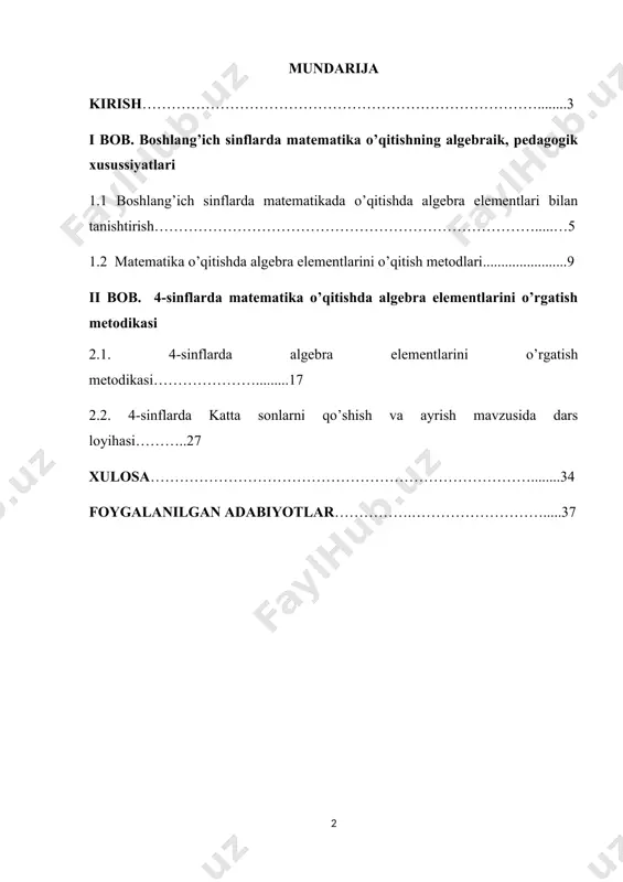 eref:2] degan da’vatlari ta’limning sifatli va samarali tashkil etilishini, ayniqsa, boshlang’ich sinflardan boshlab o’quvchilarni mustaqil fikrlaydigan, yuksak intellektual va ma’naviy salohiyatga ega shaxs sifatida tarbiyalash bugungi kunning dolzarb masalalaridan biri hisoblanadi. ta’lim tizimini rivojlantirish yoʻnalishida amalga oshirilayotgan islohotlar barcha ta’lim muassasalarida pedagogik jarayonlarni ilmiy asosda tashkil etish va boshqarishda fan -texnika yutuqlariga asoslangan oʻqitish metodlarining eng samarali hisoblangan innovatsion metodlaridan foydalanish zaruratini belgilagan holda oʻqituvchilardan jarayonlarni ilmiy asosda tashkil etishdir. [1: "ta'lim tizimini rivojlantirish bo'yicha strategik reja" (2019) – shavkat mirziyoyev. ] [2: "o'zbekiston respublikasi prezidenti shavkat mirziyoyevning 2017-2021 yillarda qabul qilingan farmon va qarorlari" ] mavzuning maqsad va vazifalari. ushbu kurs ishimni maqsadi quyidagicha boshlangʻich sinflarda sonli va harfiy ifodalar, tenglik, tengsizlik, algebraik amallar va ular bilan ishlashga oid tushunchalarni o‘quvchilarga samarali yetkazish yoʻllari hamda o‘quv jarayonini tashkil qilish usullari majmuasi. kurs ishimda kutilgan natijani olish uchun quyidagilarni o’rgatishni maqsda qilib qo’ydim: 1. algebraik fikrlashni shakllantirish 2. matematik ko‘nikmalarni …