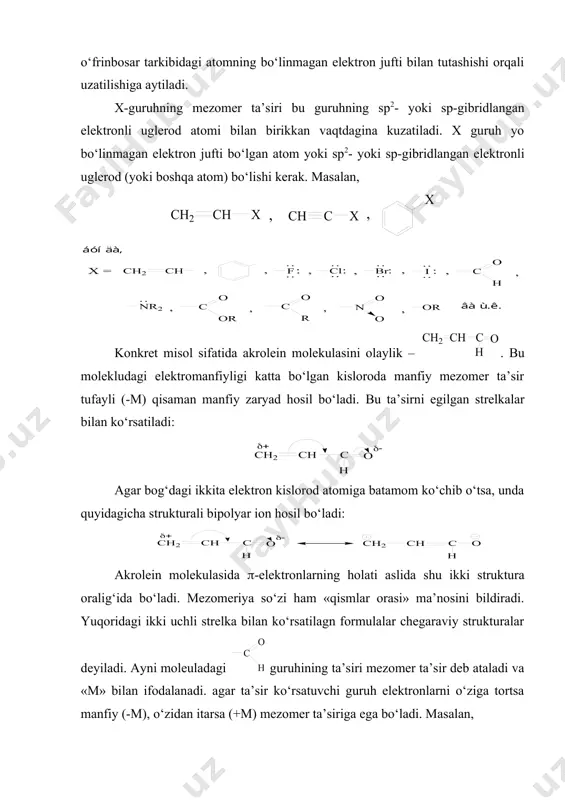 : shunga o‘xshash anion keton oksimlarining dissotsiyasida ham hosil bo‘ladi: alkil guruxlar tarkibidagi elektronoakseptor atomlar bunday manfiy zarrachalar qarorligini oshishiga yordam beradi. mono-, di- va ucharilmetil karboniy ionlari (karbokationlar) birinchi navbatda aromatik yadrodagi π-elektronlar vositasida (ularning (м musbat mezomer ta’siri tufayli) barqarorlashadi. natijada musbat zaryad barcha aromatik yadrolar o‘rtasida bir tekis taqsimlanadi: agar aromatik yadrolaning о- va п- holatlarida elektronodonor guruhlar mavjud bo‘lsa, ular xam musbat zaryadning delokallanishiga yordam beradi. shu xildagi radikallar (toq elektronli zarrachalar) ning stabillashuvi ham o‘xshashdir, chunki erkin radikallar ham elektrofil tabiatga egadir: alifatik qatordagi ionlar va radikallarning barqarorlashuvi yuqoridagiga o‘xshashdir: uchlamchi butil kationi va radikaldagi metil guruxlarning musbat induksion ta’siri tufayli barqarorlashish. allil kationi va radikaldagi vinil guruhining musbat mezomer (м ta’siri tufayli barqarorlashadi. shu sabali uchlamchi butil va allil kation va radikallari barqaror zarrachalardir. uch a’zoli xalqa tutgan vinilsiklopropan kabi birikmalarda siklopropan xalqasi va vinil guruhi o‘zaro mezomer ta’sirida bo‘ladi. bunga sabab siklopropan xalqasidagi …