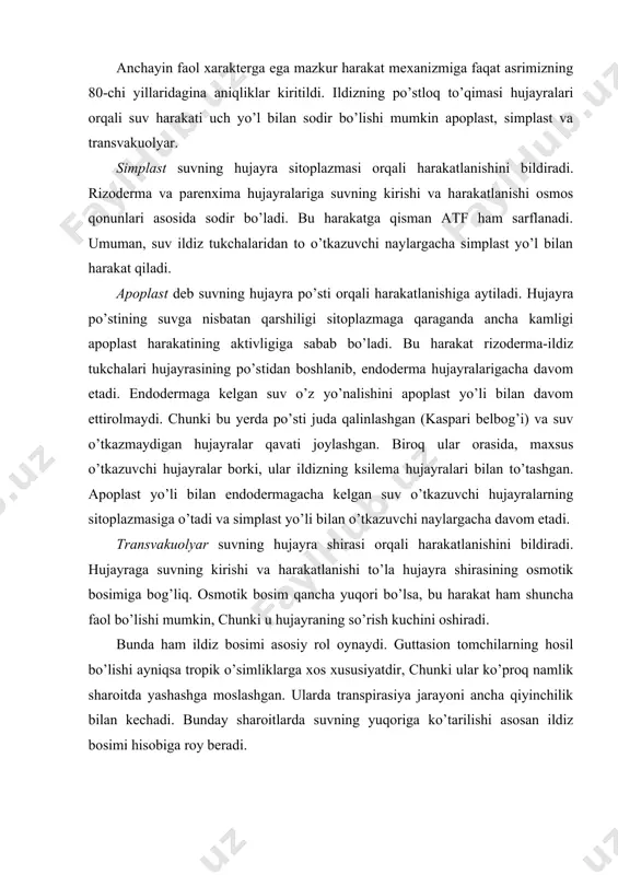 rining ta’siri. harorat ildizning suvni so’rish tezligiga ta’sir qiladigan eng muhim omilardan biridir. agar tuproq harorati pasaya boshlasa, ildizning suvni so’rish qobiliyati ham so’saya boradi. bu hodisani kuzatish uchun o’simlik o’sib turgan tuvak atrofini muz bilan o’rab qoyish kerak. ko’p o’tmay o’simlik so’liy boshlaydi. chunki tuproq soviganda ildizlarga judayam sust boradigan suv o’simlikdan bug’lanib, sarflanadigan suv miqdorini qoplay olmaydi. tuvak normal haroratga o’tkazilsa, o’simlik avvalgi holatiga qaytadi. past haroratda suvni so’rish qobiliyatining pasayishi, hujayra protoplazmasining qovushqoqlik darajasi oshib ketishi tufayli roy beradi, deb tushuntiriladi. tuproq harorati keskin pasayganida, o’simlikning so’lishi natijasida hamma fiziologik jarayonlar ham buziladi: og’izchalar yopiladi, transpirasiya va fotosintez jarayonlari keskin pasayadi. mineral elementlarning yutilishi ham to’xtab qoladi. bunday holat uzoqroq davom etsa o’simliklar nobud bo’lishi mumkin. ildizning suvni so’rish va harakatga keltirish qobiliyatiga tuproq eritmasining konsentrasiyasi va rn darajasi ham ta’sir etadi. ildiz hujayrasi shirasining konsentrasiyasi tuproq eritmasi konsentrasiyasidan yuqori bo’lsagina suv ildizga surila boshlaydi. aks holda …