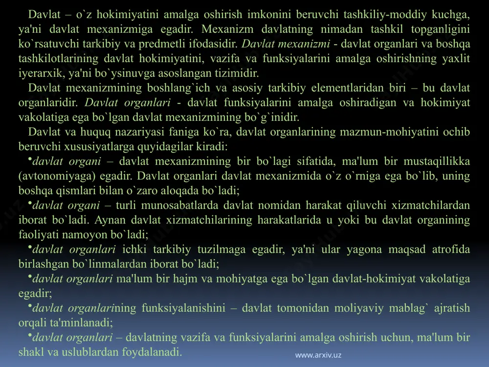 avlat tomonidan moliyaviy mablag` ajratish orqali ta'minlanadi; davlat organlari – davlatning vazifa va funksiyalarini amalga oshirish uchun, ma'lum bir shakl va uslublardan foydalanadi. www.arxiv.uz davlat organi o`zining mohiyatiga ko`ra qandaydir tashkilotni, fuqarolarning jamoasini anglatadi. bunday fuqarolarning jamoasi davlat faoliyatining u yoki bu turini amalga oshirish uchun davlat tomonidan tashkil etiladi. davlat o`z organlarini bevosita tashkil etadi yoki ularni tashkil etish tartibini belgilaydi, ularning funksiyalanishining asosiy qoidalarini o`rnatadi, davlat nomidan va davlat manfaatini ko`zlab harakat qilishi uchun ularga ma'lum bir vakolatlarni berib qo`yadi. davlat organlarining barchasi, yagonalikda - davlat apparatini tashkil etadi. davlat apparati orqali davlat oldida turgan vazifa va funksiyalar amalga oshiriladi. davlat – fuqarolarning siyosiy tashkiloti bo`lganligi sababli, tashkil qilinadigan davlat organlari hokimiyat vakolatiga ega bo`ladi. turli huquq sohalari mutaxassislarining davlat organlari va xususan davlat boshqaruvi organlari tushunchasi, mazmuni va ahamiyati muammolariga bag`ishlangan ko`pdan-ko`p ilmiy izlanishlari mavjuddir. 90-yillarning boshlaridan, ya'ni sobiq ittifoqning parchalanishi, yangi davlat tuzilmalarining shakllanishi va rivojlanishi …