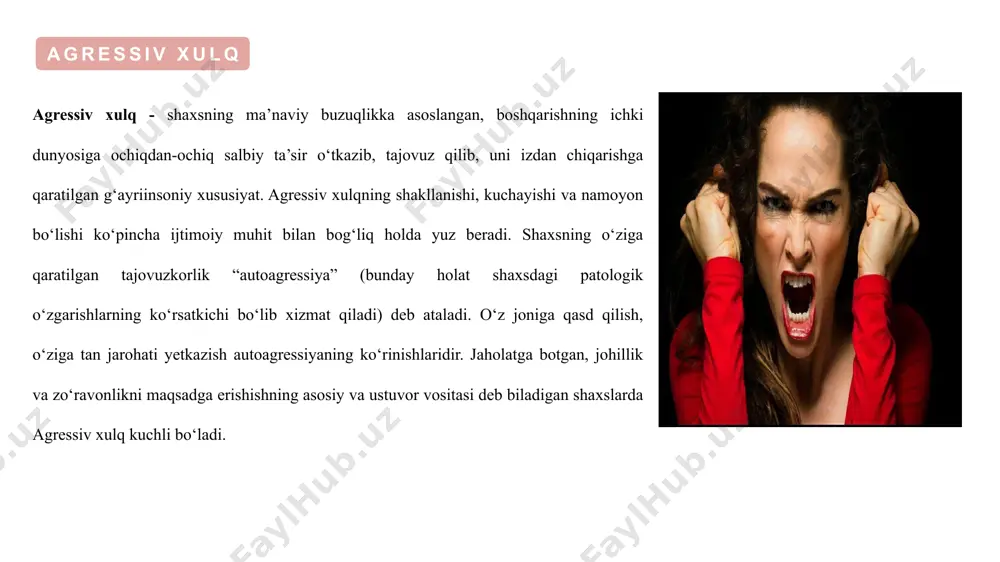 ish va genofondni ko‘paytirishga yordam beradi. agressiya energiyasi inson tanasida ishlab chiqariladi, asta-sekin yig‘ilib, oxir-oqibat chiqib ketadi. har bir insonning xatti-harakatlarida adovat borligi uchun ma'lum bir chiziq bor. agressivlik, shuningdek, ota-bobolarimiz bo‘lgan ovchilardan meros qilib olinadigan belgi bo‘lishi mumkin. instinkt bola ulg‘ayganida va uning oldida otasi yoki onasining o‘rnini ko‘rganda, u kiyinishda, suhbatni o‘tkazish usulida ularga taqlid qila boshlaydi. agressiv xatti-harakatlarga taqlid qilish ham sodir bo‘ladi. agar bola muntazam ravishda otaonasining janjal qilayotganini, bir-biriga baqirayotganini ko‘rsa, u bunday xatti harakatlar normal deb hisoblaydi. kattalar misolining ta'siri. kattalar o‘z chaqalog‘idan juda talabchan bo‘lishganda, ular uni ayblashadi yoki to‘g‘ridan-to‘g‘ri bola boshqa bolalarga nisbatan tajovuzkor bo‘lganligini, qanday qilib o‘zgartirishni, jazolashni bilishini aytadilar. ota-onalar uchun noto‘g‘ri model davomi biror kishi istalgan narsaga erishish yo‘lida biron bir to‘siqqa duch kelsa, u o‘zboshimchalik bilan atrof-muhitga va o‘ziga yo‘naltirilishi mumkin bo‘lgan tajovuzni keltirib chiqaradi. va bunday xatti-harakatlar kamdan-kam hollarda yuz bersa yaxshi bo‘ladi. masalan, otasiz yoki onasiz …