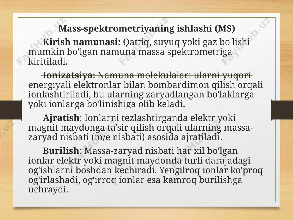 o'qqi butun molekulyar ion emas, balki parcha ioni bo'lishi mumkin. tepaliklar va m/z qiymatlari: spektrdagi har bir cho'qqi turli m/z qiymatiga to'g'ri keladi, bu ionlarning massa-zaryad nisbatini ko'rsatadi. agar ionlar bitta zaryadga ega bo'lsa, m/z qiymati birikmaning molekulyar massasiga teng bo'ladi. spektrning x o'qida m/z qiymatlari chapdan o'ngga ko'tariladi. molekulyar ion: molekulyar ion ko'pincha eng yuqori m/z qiymatiga ega cho'qqi sifatida ifodalanadi. molekulyar ion butunni ifodalaydi molekula tergov ostida va uning nisbiy molekulyar massasi haqida ma'lumot beradi. shuni ta'kidlash kerakki, molekulyar ion ba'zi holatlarda, ayniqsa molekula mo'rt yoki tez bo'linib ketgan bo'lsa, sezilmasligi mumkin image5.png image6.png image7.png image3.png image4.png /docprops/thumbnail.jpeg