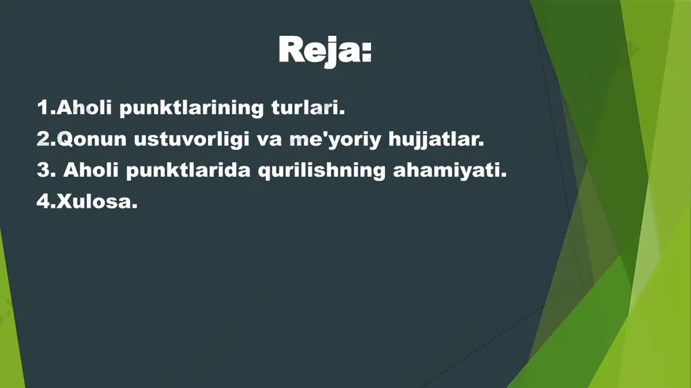 q xo'jaligi va tabiiy resurslardan foydalanish; shaharlar bilan solishtirganda kam rivojlangan infratuzilma; tabiiy resurslarni himoya qilish va ekologik muvozanatni saqlash zaruriyati. qishloqlar uchun qurilish me'yorlari shaharlar bilan solishtirganda soddaroq bo'lishi mumkin, ammo bu yerda ham sanitariya va ekologik xavfsizlikni ta'minlash muhim ahamiyatga ega. 3. mahallalar mahalla — bu shahar yoki qishloqning kichikroq hududi bo'lib, aholining ijtimoiy, madaniy va iqtisodiy faoliyatlari markazi sifatida xizmat qiladi. mahalla tizimi o'z ichiga yashash joylari, ijtimoiy xizmatlar, ta'lim muassasalari va boshqa umumiy xizmatlarni o'z ichiga oladi. mahalla ko'pincha yagona qurilish maydoni sifatida emas, balki, biror katta hududning qismlaridan biri sifatida qaraladi. mahallaning asosiy xususiyatlari: 1.aholining kichikroq guruhlarga bo'linishi; 2.ijtimoiy va madaniy markaz sifatida ishlashi; 3.o'ziga xos infratuzilma, masalan, mahalliy markazlar, savdo nuqtalari, ko'chalarning toza saqlanishi; 4.o'ziga xos qonuniy talablar va me'yorlar mavjudligi. 4. maxsus turlari bundan tashqari, ba'zi aholi punktlari maxsus faoliyat turlari uchun ajratilgan bo'lishi mumkin: kurort zonalari: sog'liqni saqlash va dam olish uchun …