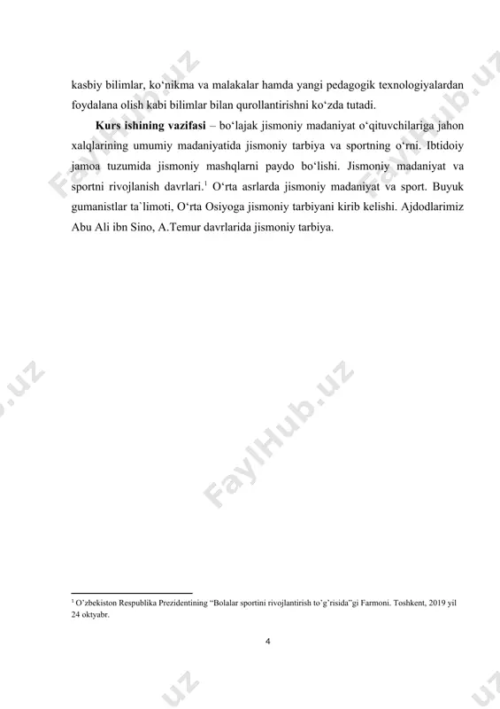 sportni yanada rivojlantirish chora-tadbirlari toʻgʻrisida"gi qarori jismoniy tarbiya.ning huquqiy asoslarini yaratdi. jismoniy tarbiya.ning keng tarmoqli tizimi: oilaviy-maktabgacha davr (chaqaloqlikdan boshlab bogʻcha yoshidagi), maktab yoshi, oʻrta maxsus va oliy taʼlim davri hamda katta yoshdagi (erkak va ayol) lar jismoniy tarbiya.sini oʻz ichiga oladi. oʻzbekistonda umumtaʼlim maktablaridagi jismoniy tarbiya. pedagogik jarayon hisoblanib, jismoniy tarbiya. darslari, sport seksiyalaridagi mashgʻulotlar orqali amalga oshiriladi. "umumiy oʻrta taʼlim maktablari uchun jismoniy tarbiyadan davlat taʼlimi standarta" boʻyicha 1 — 9-sinflarda haftasiga 2 soatdan jismoniy tarbiya. darslari joriy etilgan. oʻquvchi-yoshlar oʻrtasida jismoniy tarbiya.ni yanada ommalashtirish va ularning salomatligini mustahkamlash maqsadida 2021-yilda maxsus test sinovlari ishlab chiqildi. mazkur testlarni muvaffaqiyatli topshirganlar uchun 3 darajali "alpomish" va "barchinoy" nishonlari taʼsis etildi. 1.588.298 nafar oʻquvchi mazkur testlarni muvaffaqiyatli topshirdi (2022). shuningdek, maktab oʻquvchilari uchun "umid nihollari", litsey-kollej oʻquvchilari uchun "barkamol avlod", oliy oʻquv yurti talabalari uchun "universiada" ommaviy musobaqalarini har 2 yilda oʻtkazish yoʻlga qoʻyildi. xalq oʻyinlari va ommaviy sport turlari …