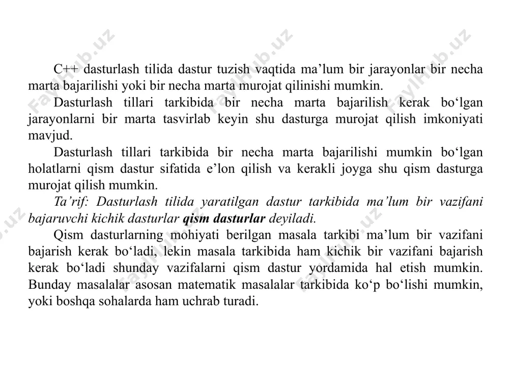 sak, birdan n gacha bo‘lgan sonlar yig’indisi bir necha marta bajarilyapti, bu masalani hal etish uchun tuziladigan dastur tarkibida birdan n gacha bo‘lgan sonlar yig’indisini hisoblash jarayonini qism dastur qilib e’lon qilish kerak. agar qism dastur sifatida e’lon qilinsa, masalani hal etishda qism dasturga ikki marta murojat qilish asosida berilgan masalani hal etish mumkin. yuqorida keltirilgan masalalarga o‘xshash masalalarni hal etish usulini samarasini oshirish uchun qism dasturlardan foydalaniladi. qism dasturlar c++ dasturlash tilida qisqacha qilib funksiyalar deb ataladi. demak, funksiyalar ma’lum bir vazifani bajaruvchi dastur tarkibdagi qism dasturlar ekan. ta’rif: dasturlash tilida tuzilgan dastur tarkibidagi ma’lum bir vazifalarni bajaruvchi qism dasturlar funksiyalar deyiladi. dastur ishlash jarayoni samarasi asosan ikki tur bo‘yicha oshiriladi, ya’ni xotira hajmi va ishlash tezligi bo‘yicha. dasturning ishlash tezligini oshirish uchun, albatta, dastur tarkibi sodda va ixcham bo‘lishi ta’lab etiladi. 4 funksiyalar c++ dasturlash tilida ma’lum bir vazifani bajaruvchi dastur tarkibidagi kichik dasturlar, demak, funksiyani hosil qilish …