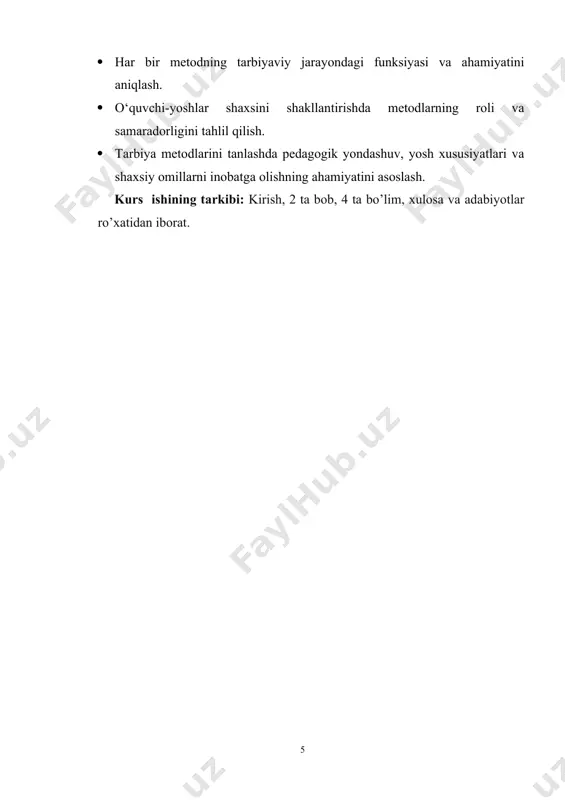 a tasniflanadi. ularni asosan quyidagi toifalarga ajratish mumkin: ahloqiy ongni shakllantirish metodlari, xulq-atvorni tashkil etish va unga rag‘batlantirish metodlari, ijtimoiy faoliyatni tashkil etish metodlari, jamoa fikrini shakllantirish metodlari va shaxsiy namuna metodi. har bir metodning o‘ziga xos pedagogik vazifasi, shakllanish mexanizmi va qo‘llanish sohasi mavjud. masalan, ahloqiy ongni shakllantirish metodlari orqali bolaga tushuntirish, suhbat, maslahat, targ‘ibot-tashviqot usullari bilan axloqiy bilimlar beriladi. bu metodlar bolaning fikrlash qobiliyatini rivojlantiradi, ularni hayotiy hodisalarga nisbatan ongli yondashishga undaydi. xulq-atvorni tashkil etish metodlariga esa talab qo‘yish, mashq qilish, ijtimoiy me’yorlar asosida harakat qilish, nazorat qilish va o‘zini-o‘zi nazorat qilish kiradi. ushbu metodlar yordamida bola o‘z xatti-harakatlarini nazorat qilishga, irodasini boshqarishga o‘rganadi. shu bilan birga, rag‘batlantirish va jazolash metodlari orqali bola o‘z harakatlariga javobgarlik hissini his qiladi, ya’ni yaxshi xatti-harakat uchun mukofotlanishi, noto‘g‘ri harakat uchun esa tanbeh olishi orqali axloqiy immunitetga ega bo‘ladi. ijodiy faoliyatni tashkil etish metodlari esa bolani mustaqil qaror qabul qilish, tashabbus ko‘rsatish, …