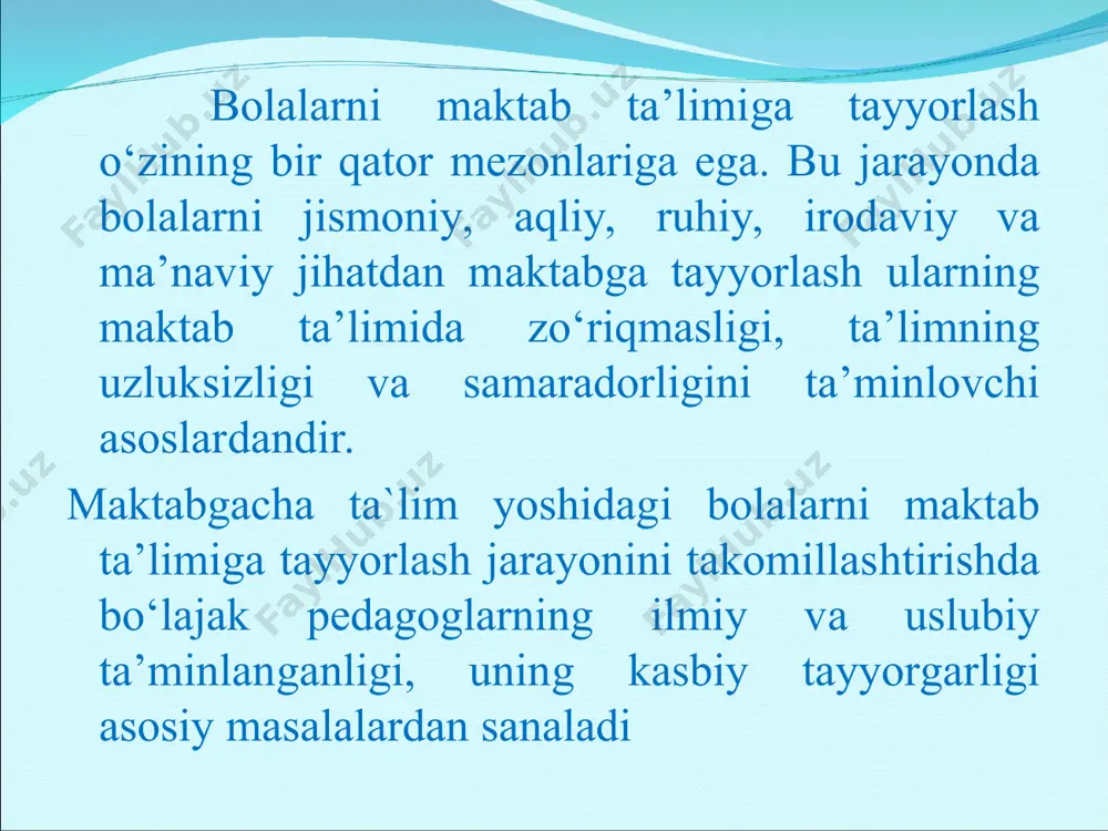 lik bolaning maktabgacha bolalik oxiriga kelib axloqiy xatti-harakat, iroda, axloqiy hissiyotlar va ong rivojida unga yangi ijtimoiy nuqtai nazarni faol egallashiga hamda o‘zining o‘qituvchi va sinfdoshlari bilan o‘zaro munosabatlarini axloqiy asosda qurishga imkon beradigan darajaga erishishida ifodalanadi. bolaning maktabda o‘qishga aqliy tayyorligi. maktabga aqliy tayyorlikning muhim tarkibiy qismi maktabga o‘qishga kirayotgan bolada atrof, dunyo haqida yetarlicha keng bilish boyligining mavjud bo‘lishidir. bolaning maktabda o‘qishga jismoniy tayyorligi. bolaning maktabda o‘qishga jismoniy tayyorligi o‘qishning muvaffaqiyatli bo‘lishida katta ahamiyatga egadir. maktabga chiqish munosabati bilan bola turmush tarzining qayta qurilishi, kun tartibining o‘zgarishi, jiddiy o‘quv mehnati, darslarning davomiyligi undan sezilarli jismoniy zo‘r berishni talab qiladi. jismoniy tayyorgarlik bolaning sog`lomligi, harakat ko‘nikmalari va sifati, qo‘l mushaklari va kurish-motor muvofiqligi rivojlanganligi bilan izohlanadi. shaxsiy tayyorligi, atrof-muhitga, kattalarga, tengdoshlariga, o‘simliklar dunyosiga, tabiiy hodisalarga, shaxsiy madaniyatni shakllanganligini nazarda tutadi. aqliy tayyorgarlik bola obrazli va mantiqiy fikrlashi, tasavvo‘rning, odamiylikning, bilimga qiziqishning, mustaqilligining, o‘zini-o‘zi nazorat qilishga, hamda o‘quv faoliyatini kuzatish, …